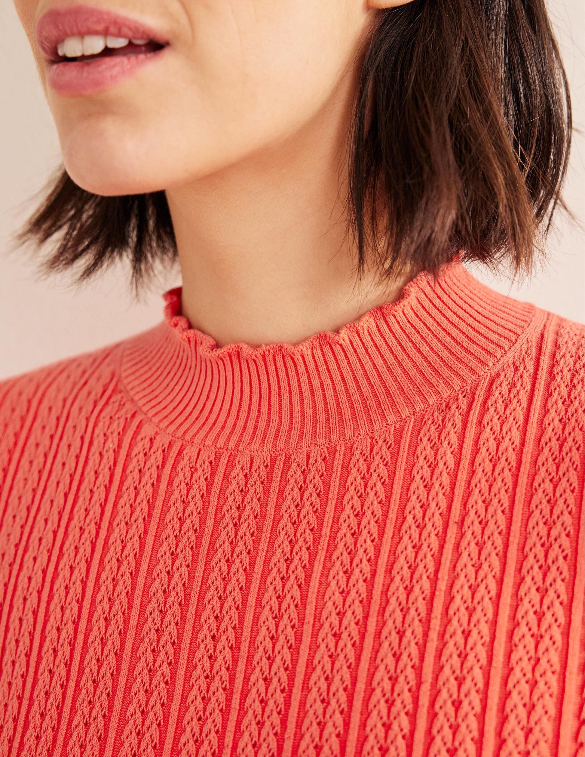 Ribbed Pointelle High Neck Top-Coral-2