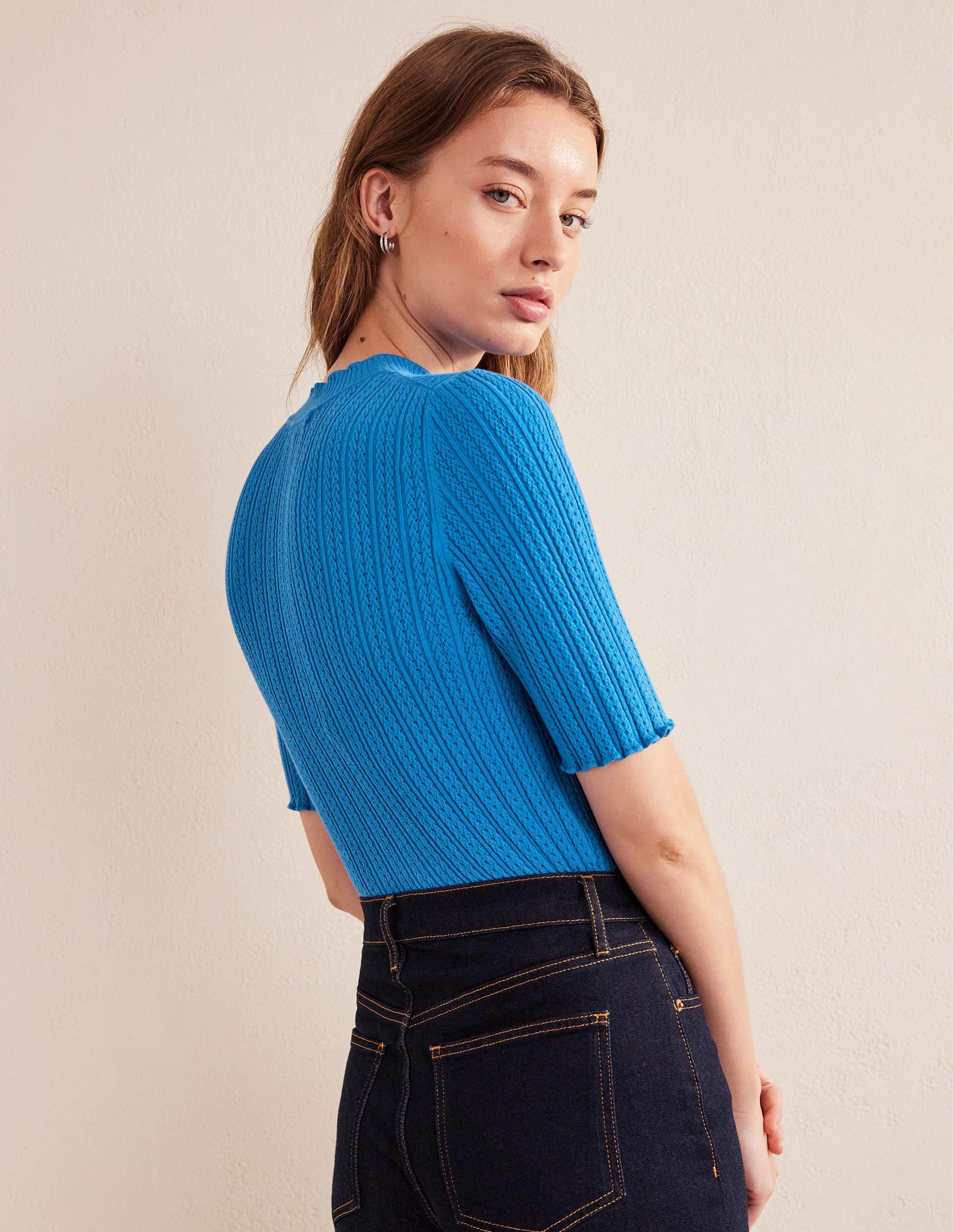 Ribbed Pointelle High Neck Top-Nebulus Blue - Image 3