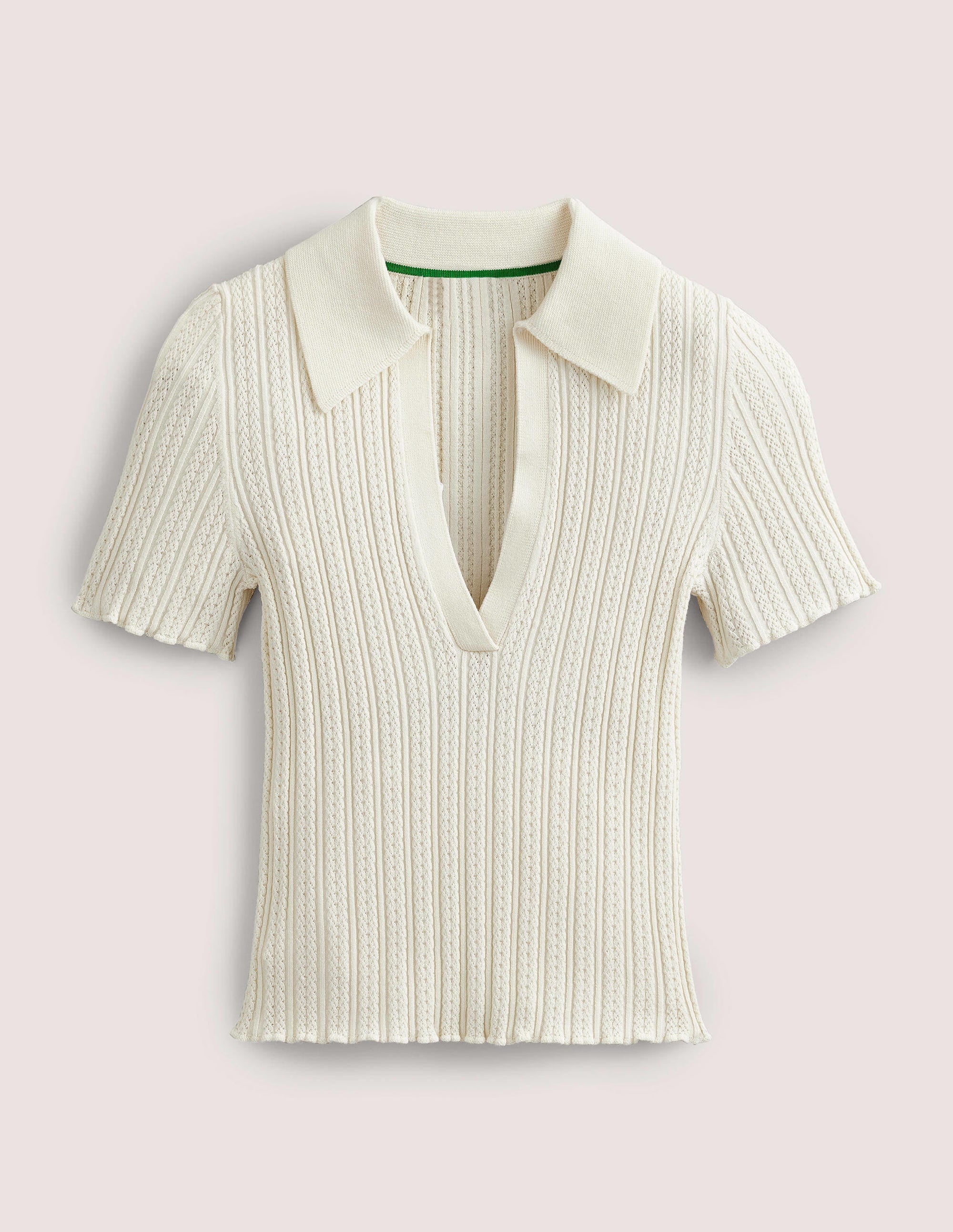 Ribbed Pointelle Collared Top-Warm Ivory - Image 9