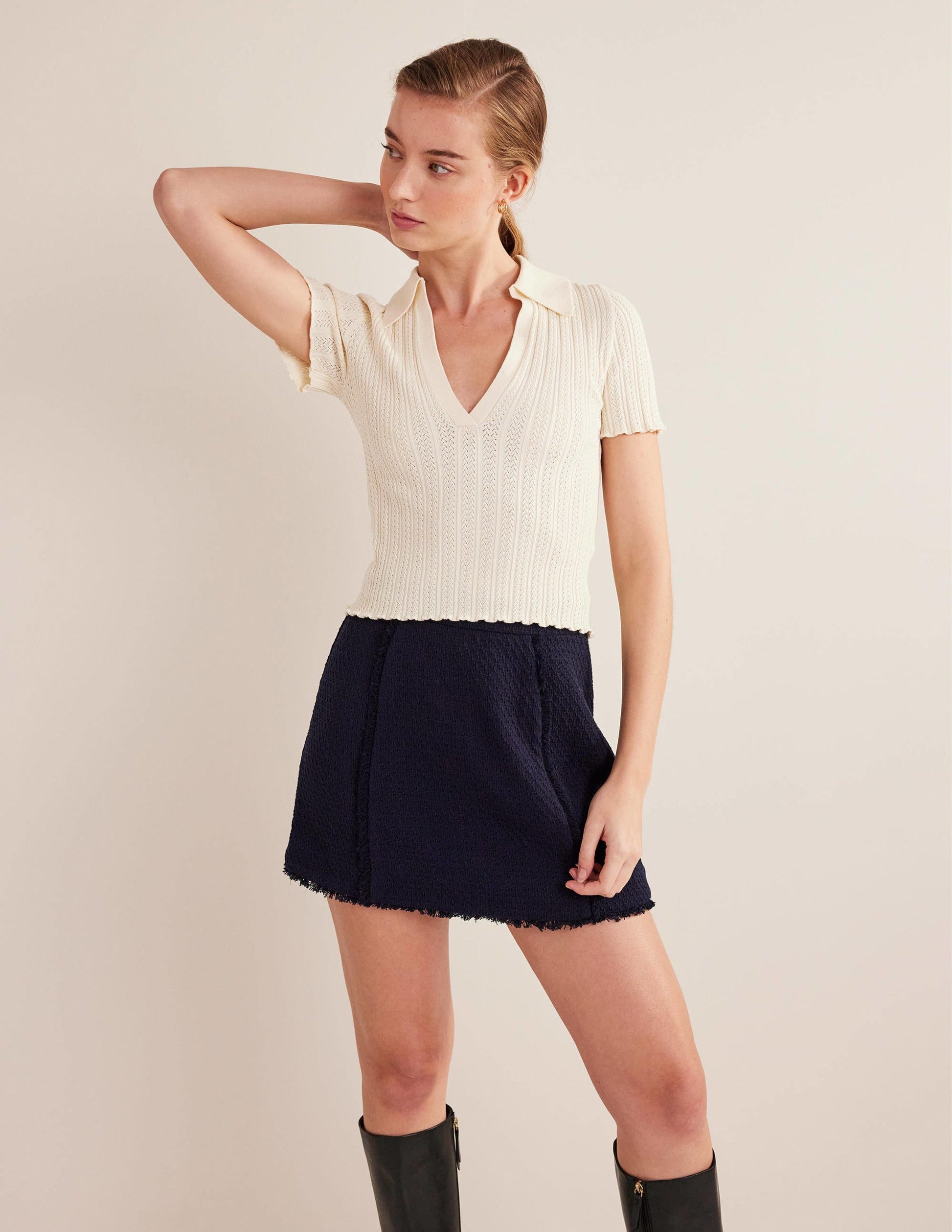 Ribbed Pointelle Collared Top-Warm Ivory-1