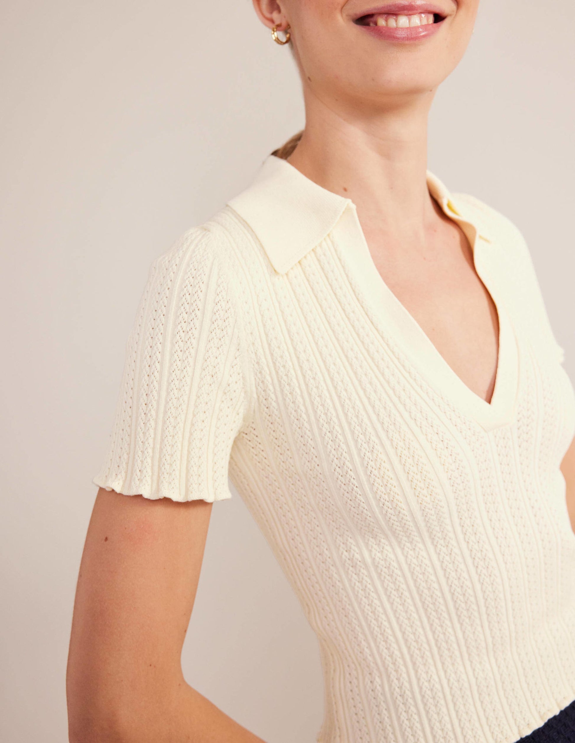 Ribbed Pointelle Collared Top-Warm Ivory-2