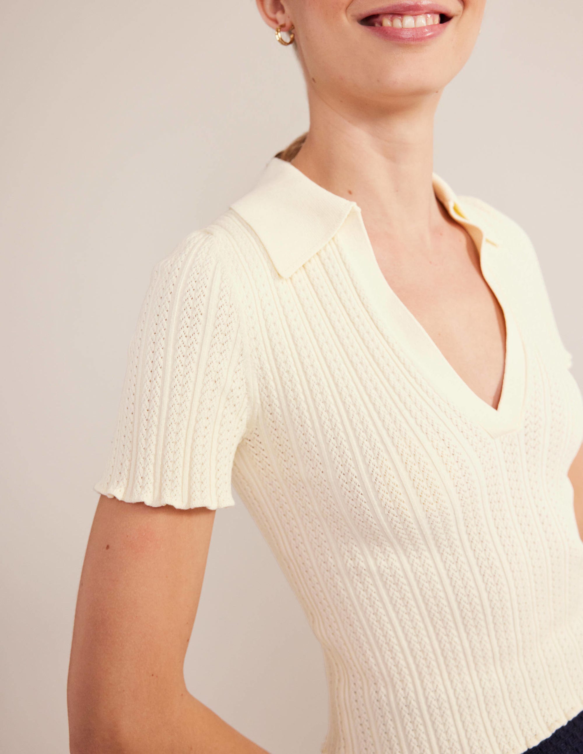 Ribbed Pointelle Collared Top-Warm Ivory - Image 2