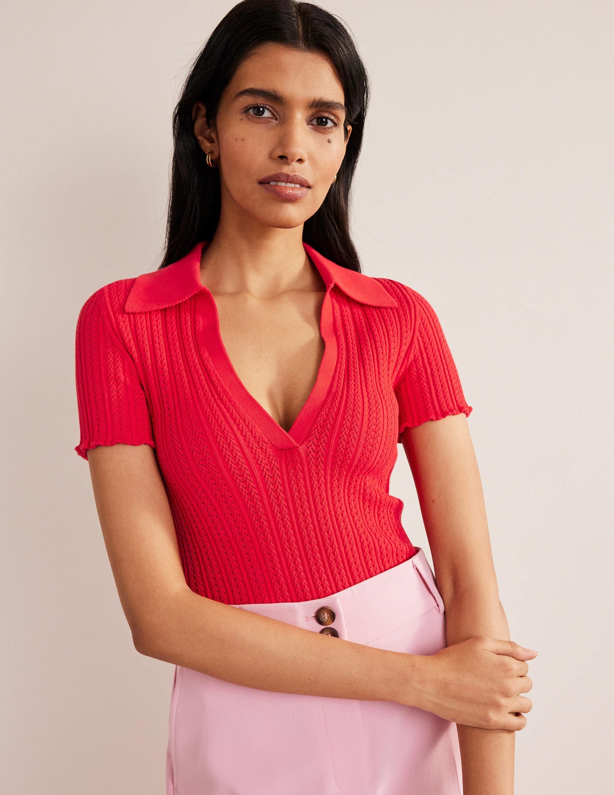 Ribbed Pointelle Collared Top-Strawberry Tart Red - Image 1