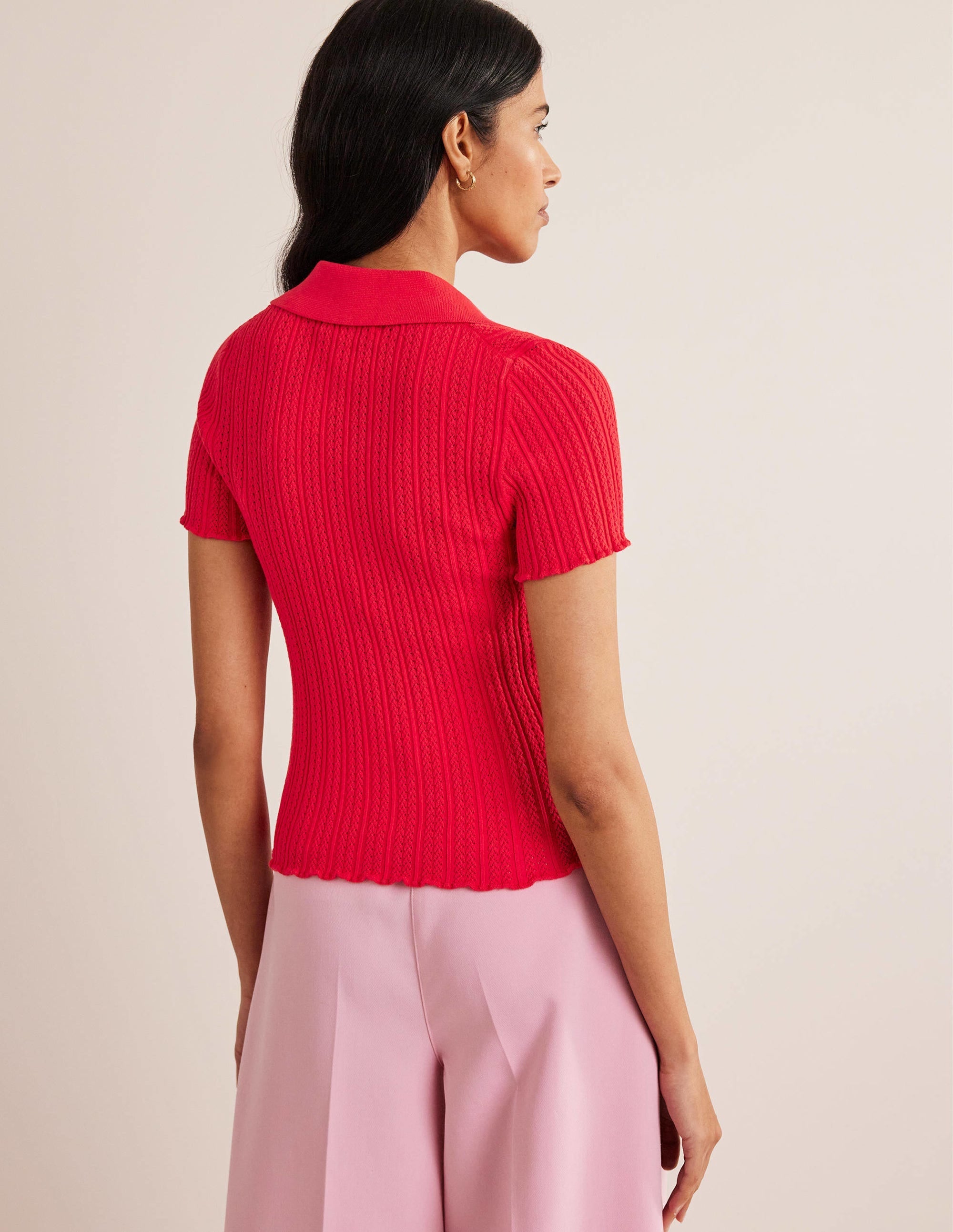 Ribbed Pointelle Collared Top-Strawberry Tart Red - Image 3