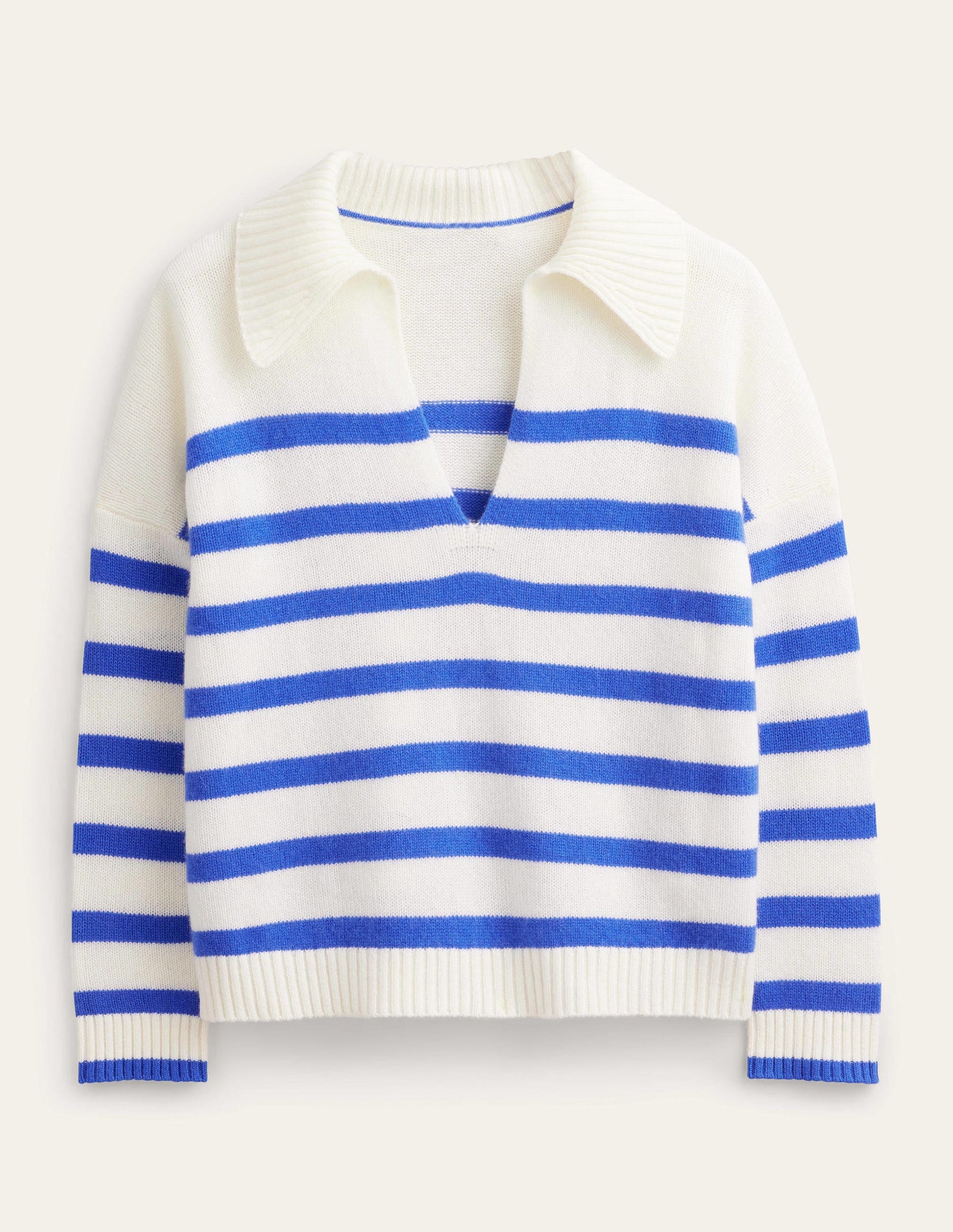Collared Cashmere Jumper-Ivory, Bright Blue Stripe-6