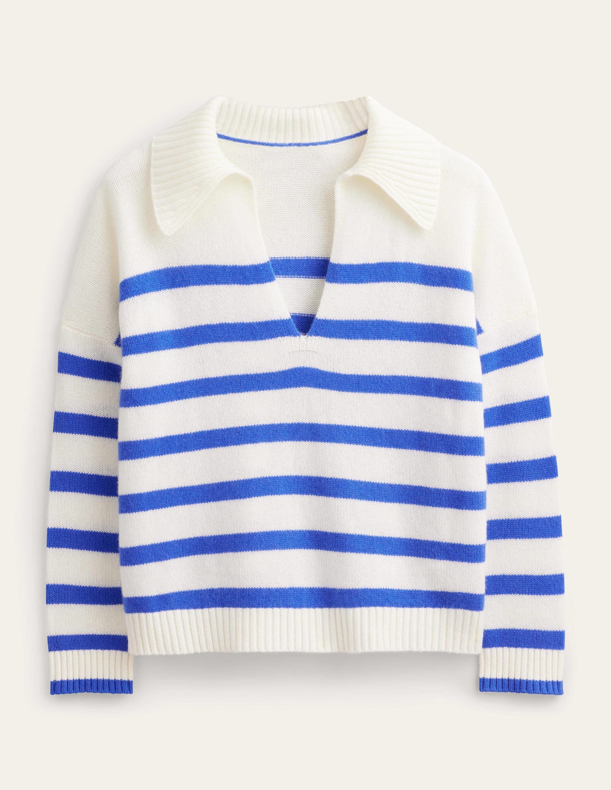 Collared Cashmere Jumper-Ivory, Bright Blue Stripe - Image 6