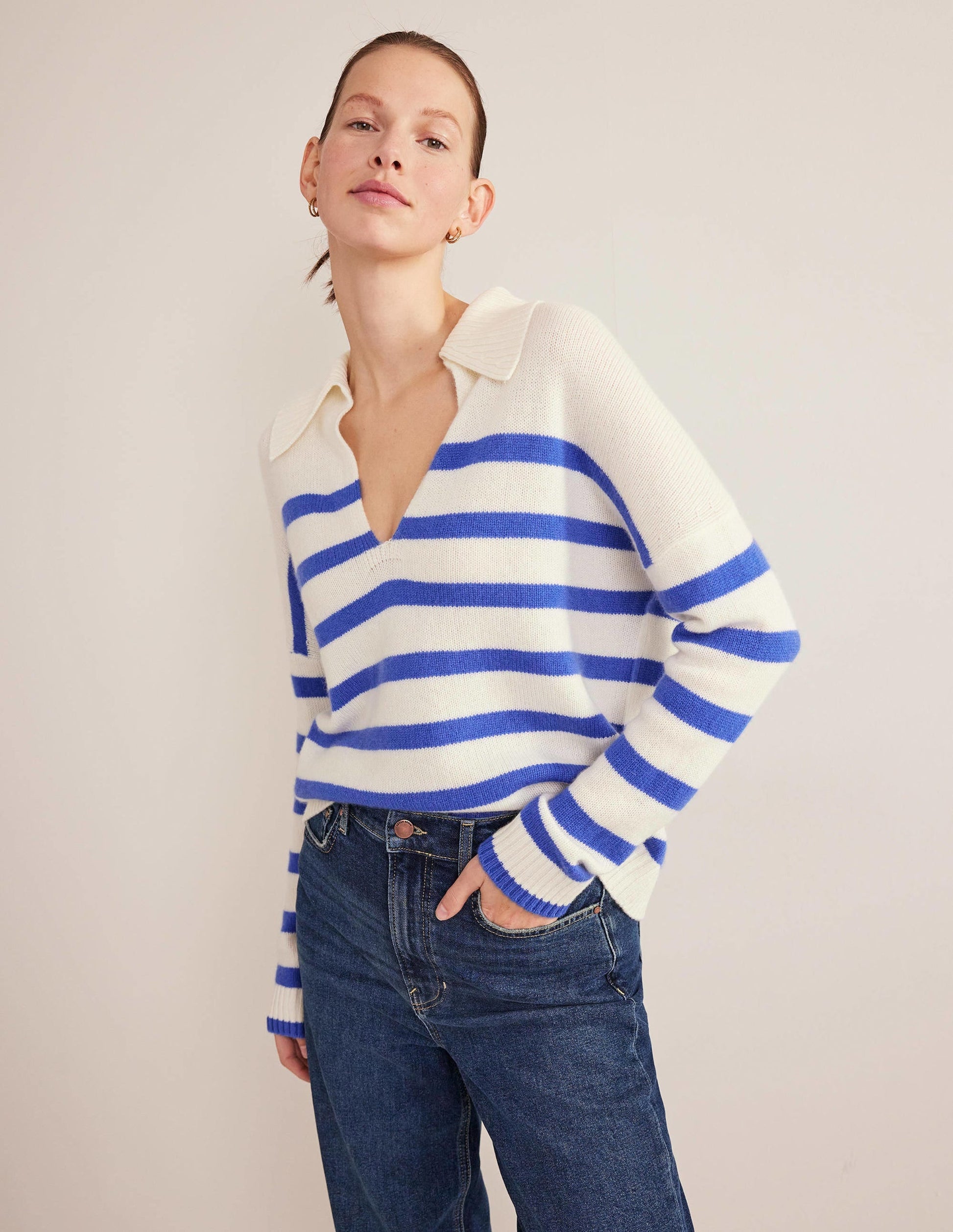 Collared Cashmere Jumper-Ivory, Bright Blue Stripe-1