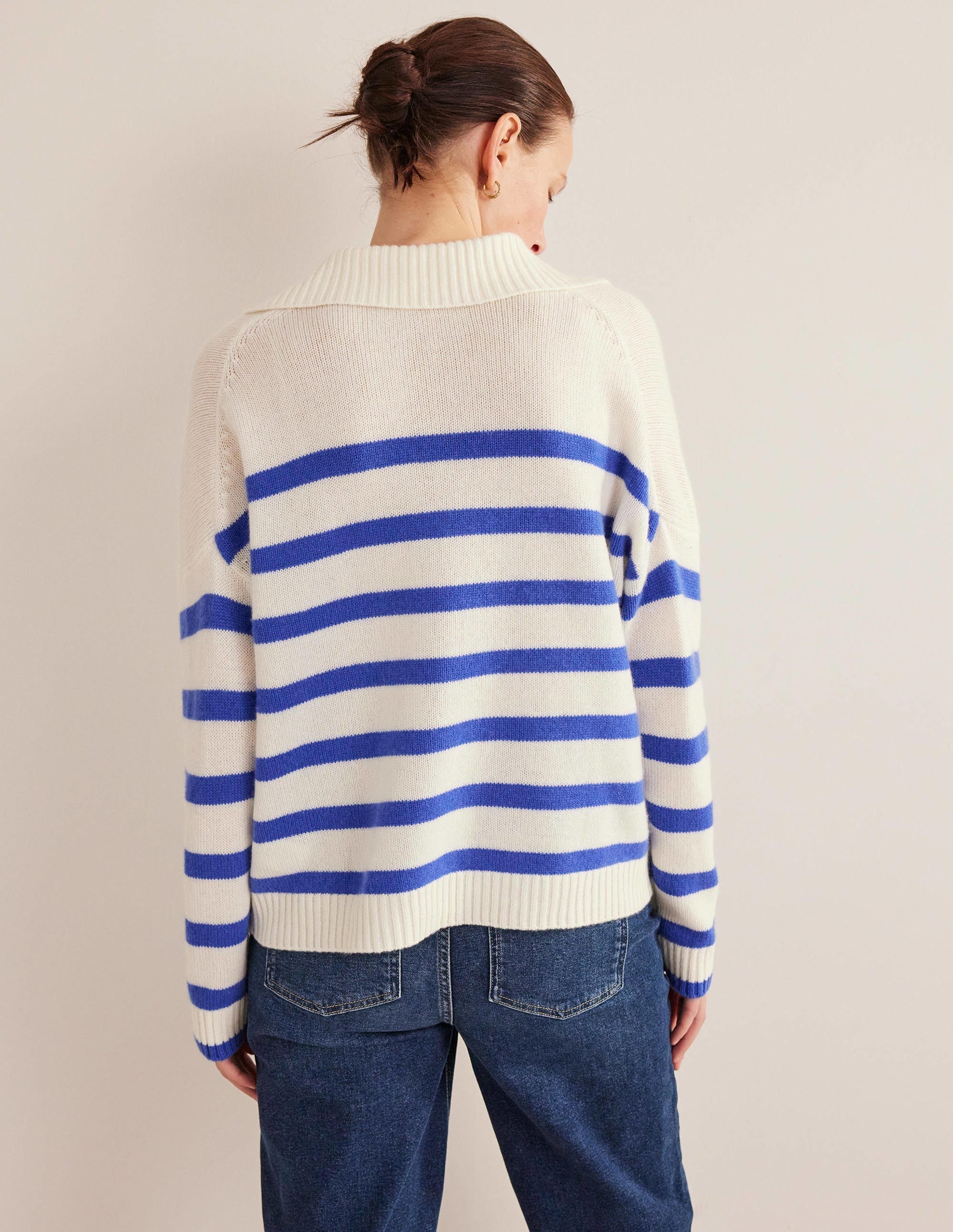 Collared Cashmere Jumper-Ivory, Bright Blue Stripe - Image 3