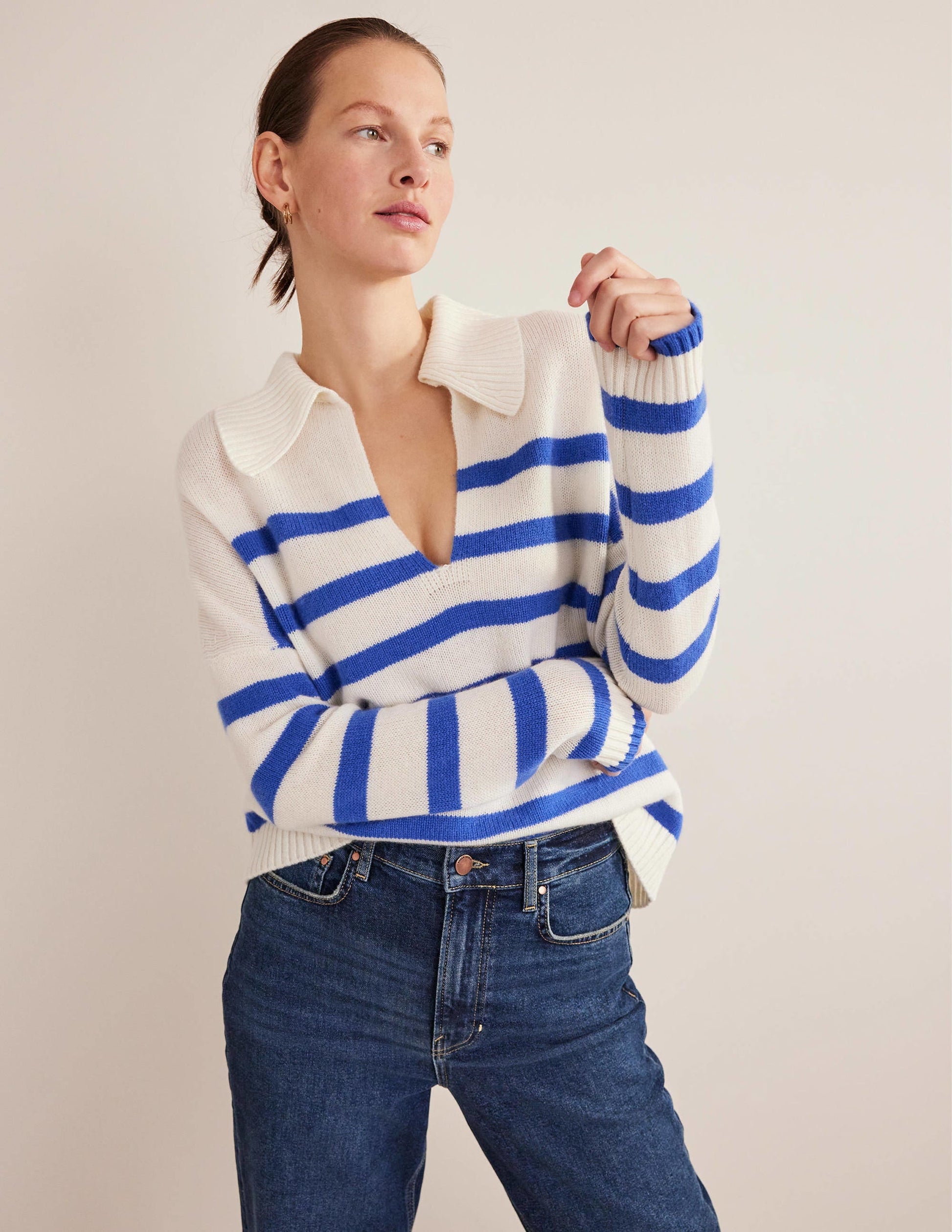 Collared Cashmere Jumper-Ivory, Bright Blue Stripe-4