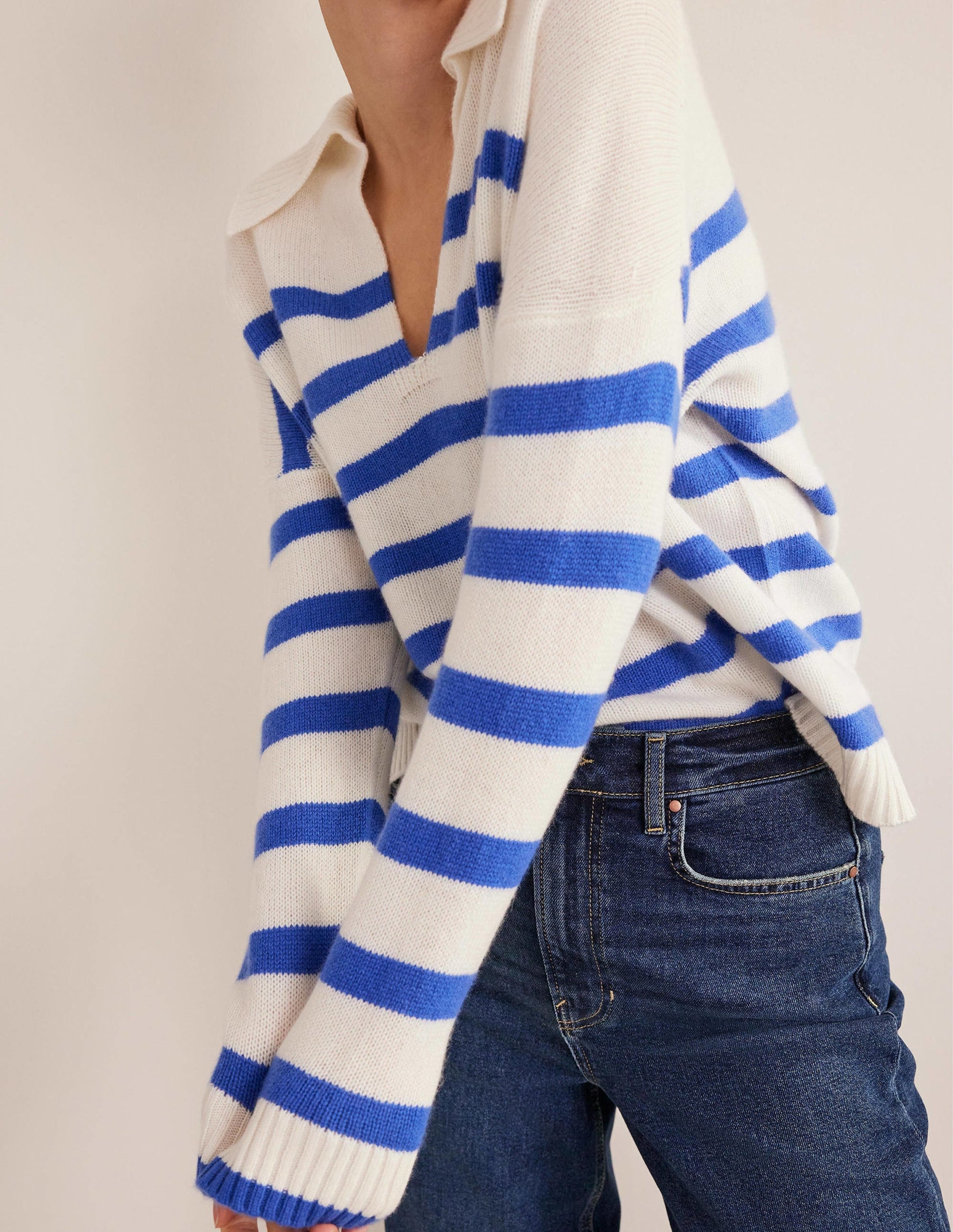 Collared Cashmere Jumper-Ivory, Bright Blue Stripe-5