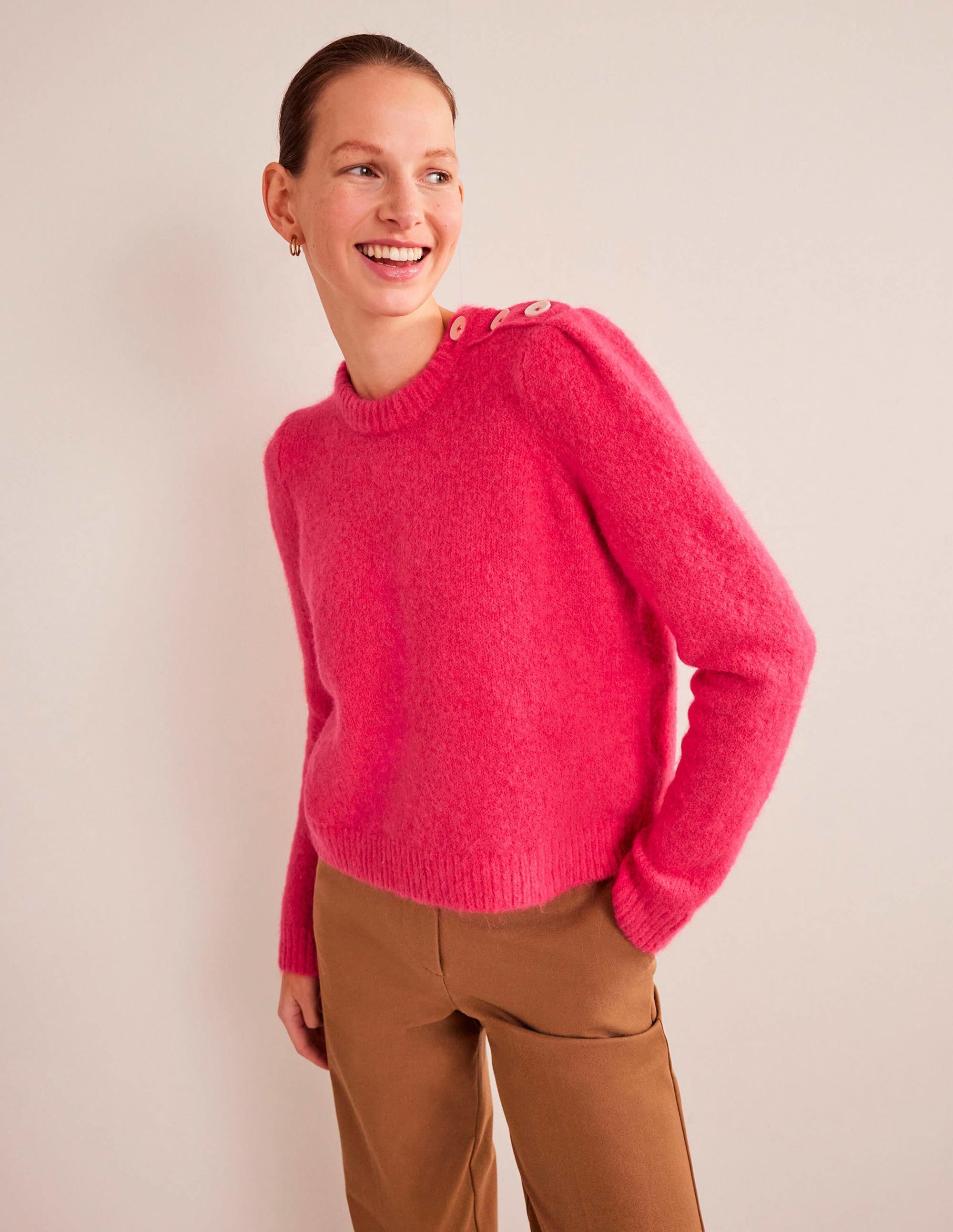 Fluffy Button Shoulder Jumper-Virtual Pink - Image 1