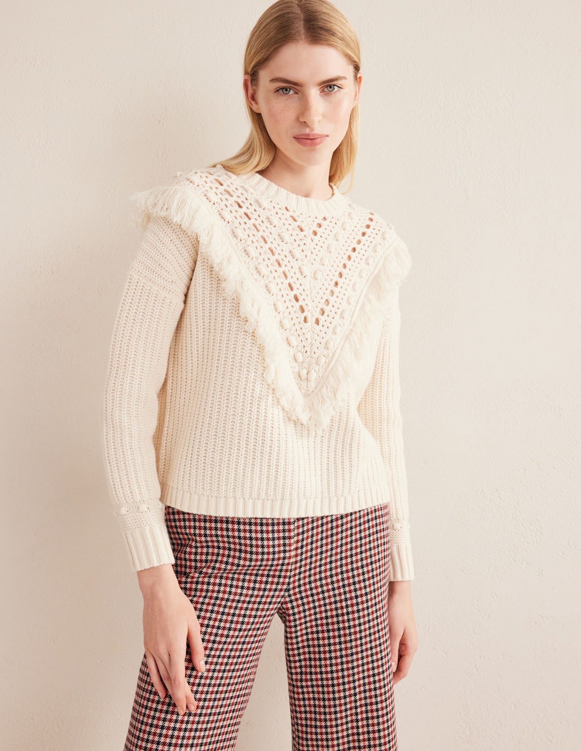 Fringe Detail Ribbed Jumper-Warm Ivory-1