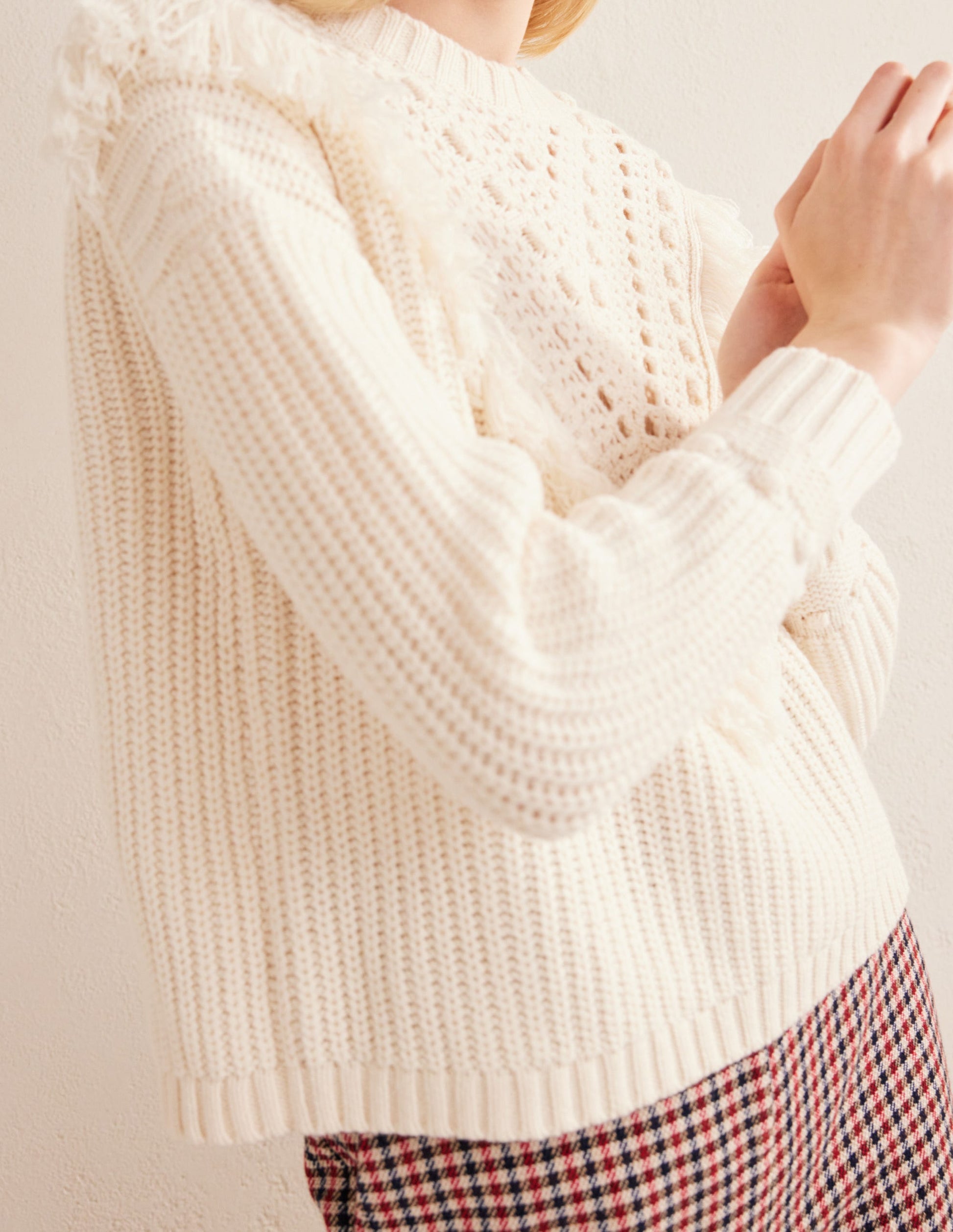 Fringe Detail Ribbed Jumper-Warm Ivory-2