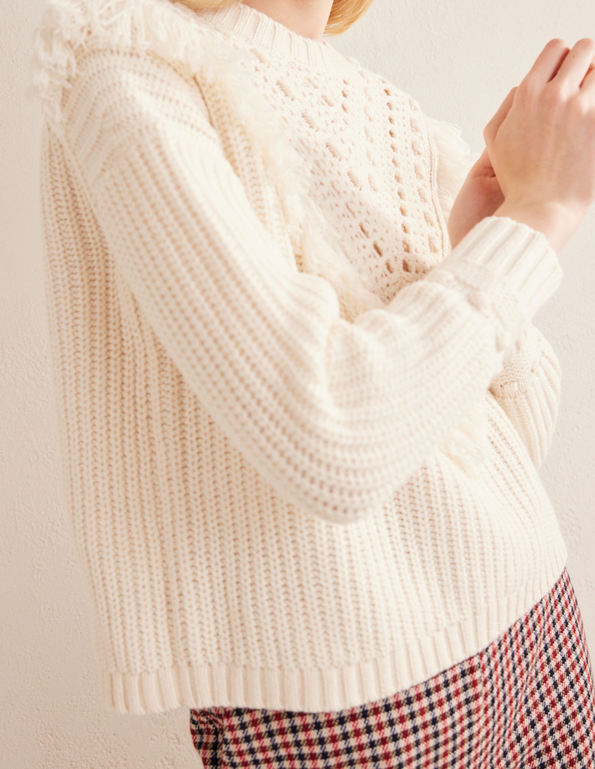 Fringe Detail Ribbed Jumper-Warm Ivory - Image 2