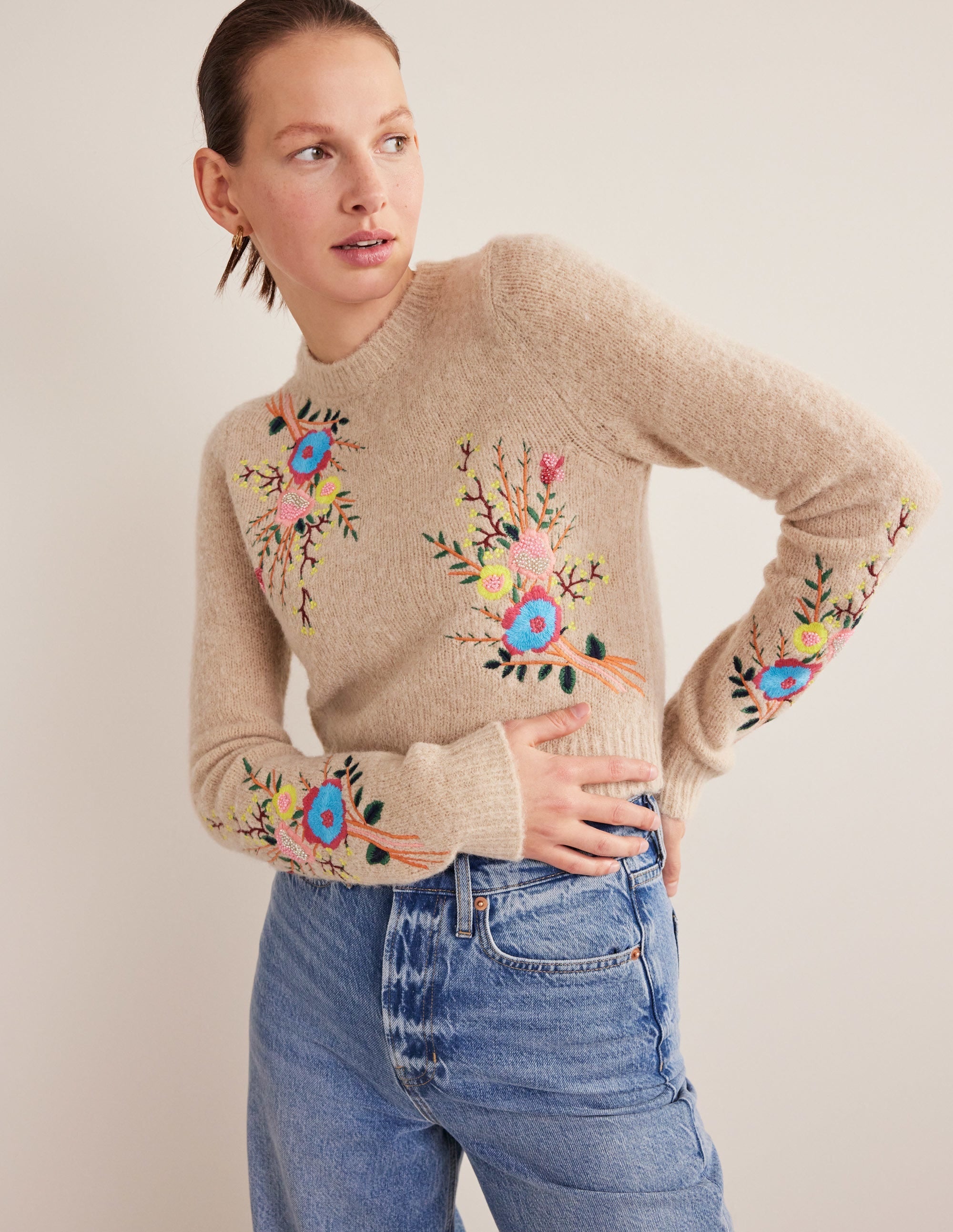 Fluffy Floral Detail Jumper-Chinchilla Melange Floral - Image 1