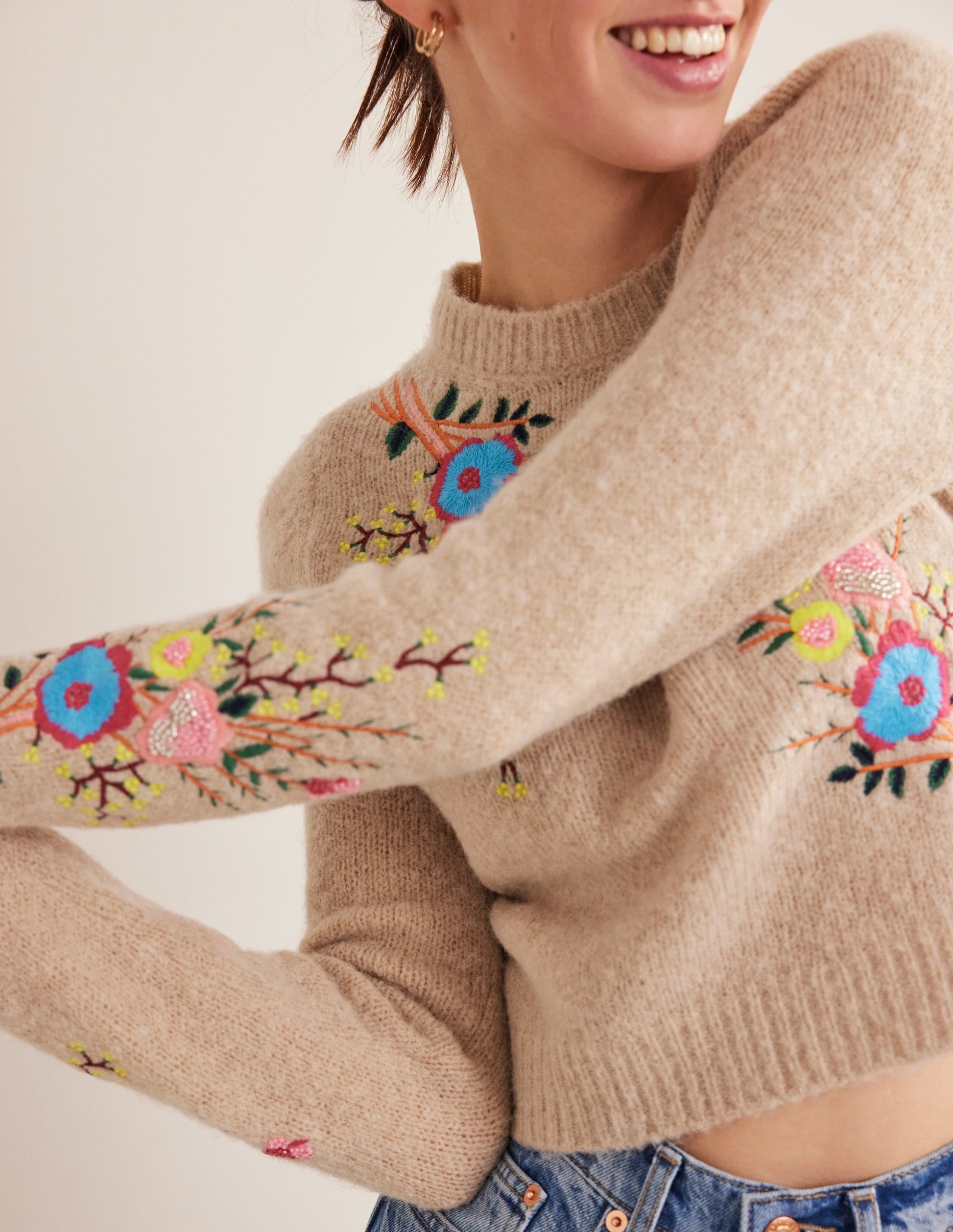 Fluffy Floral Detail Jumper-Chinchilla Melange Floral-2