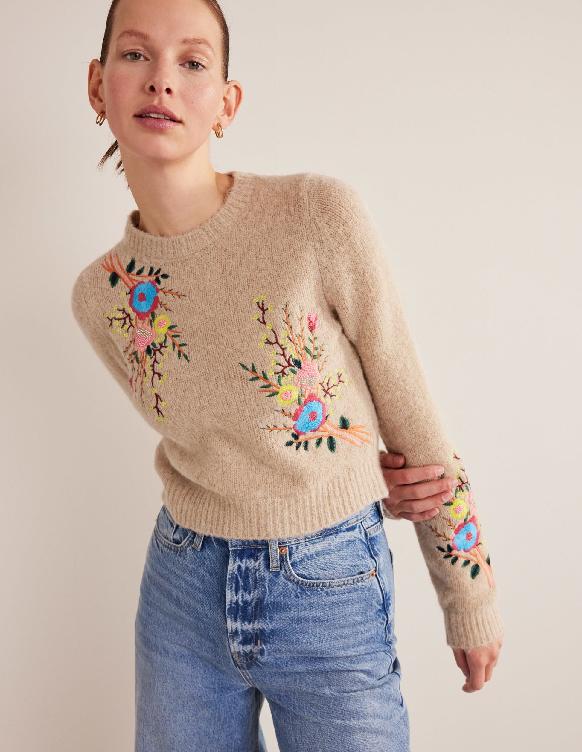 Fluffy Floral Detail Jumper-Chinchilla Melange Floral-4