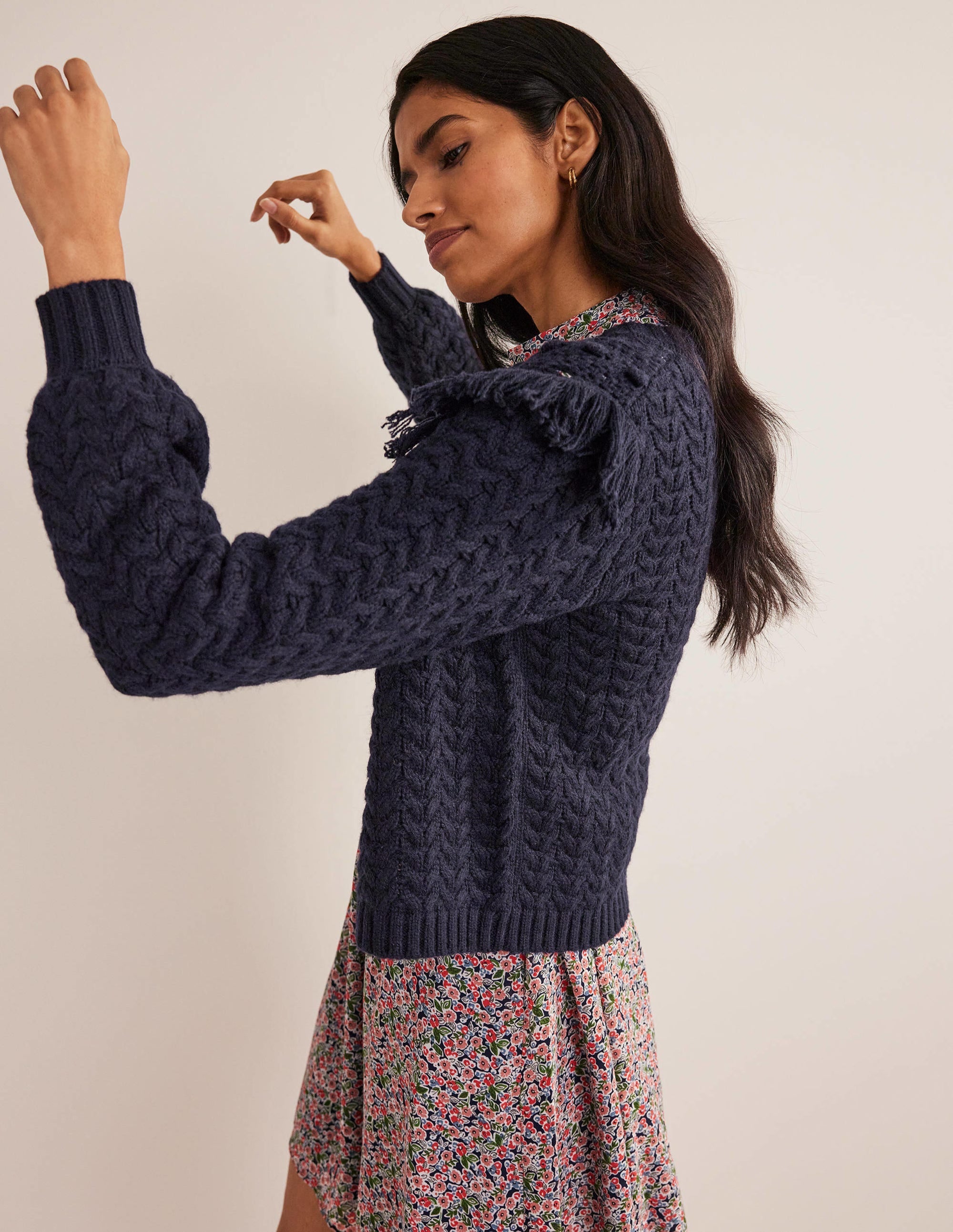 Fringe Detail Cardigan-Navy - Image 5