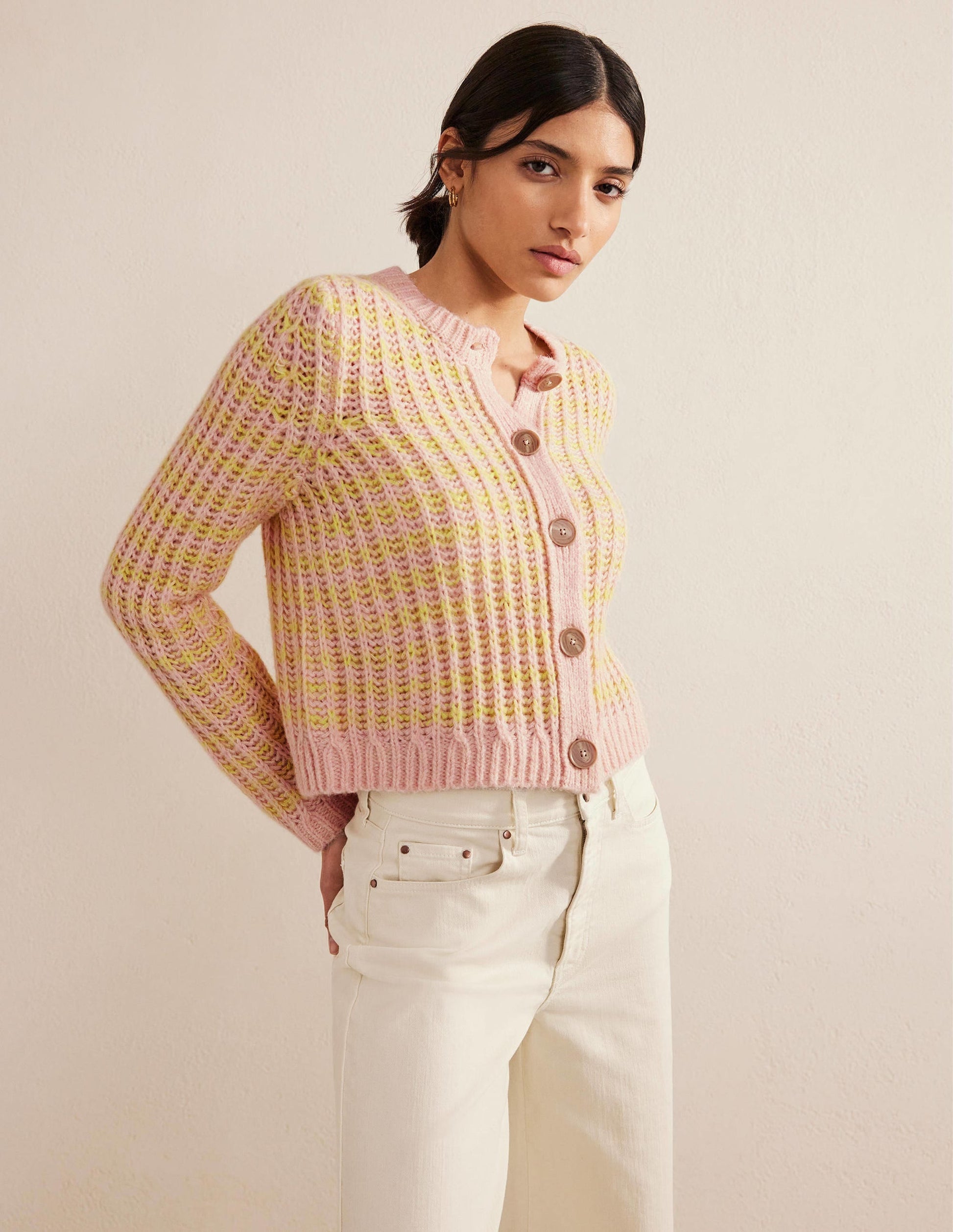 Wide Rib Fluffy Cardigan-Yellow Marl-1