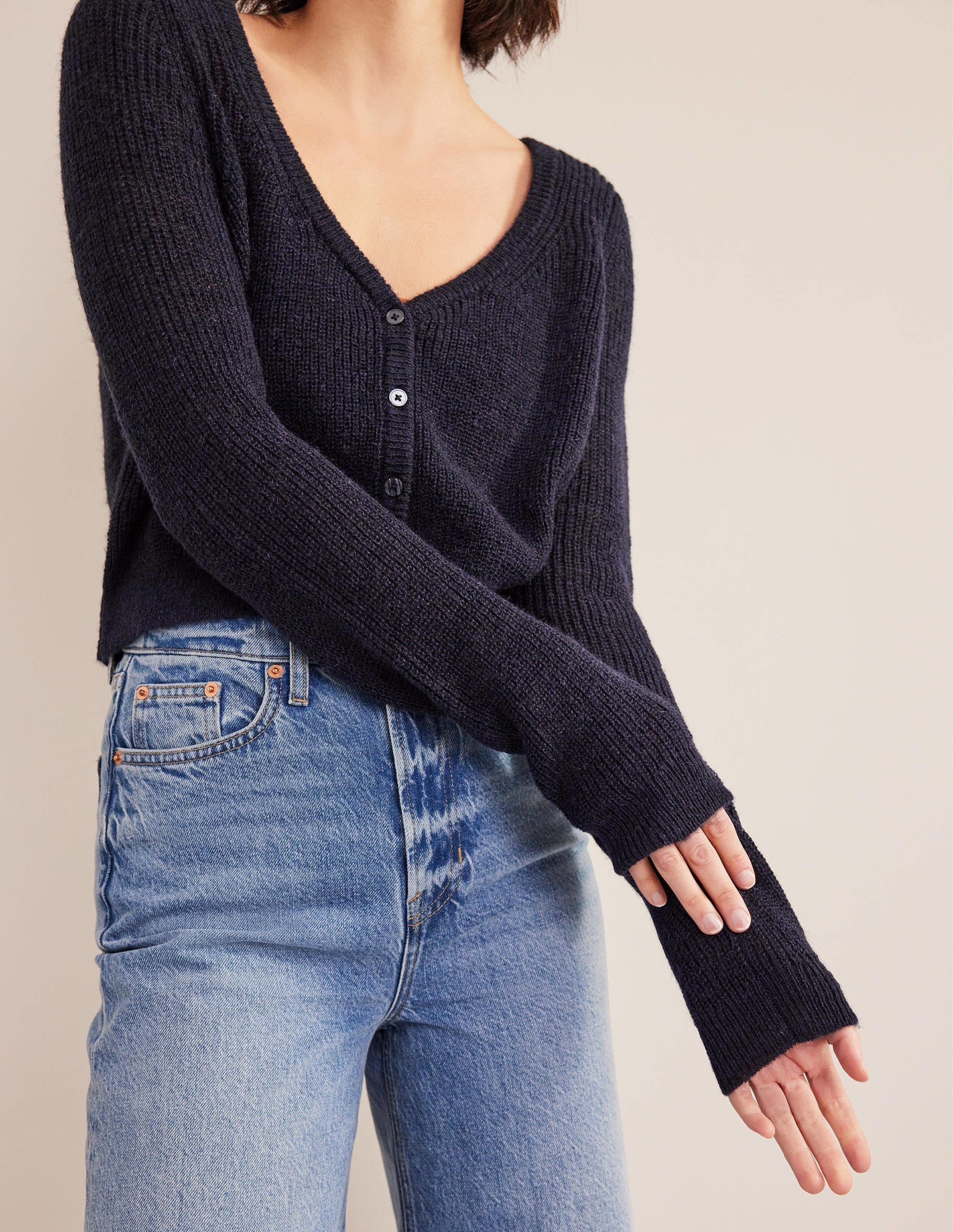 Cropped Fluffy Cardigan-Navy - Image 4