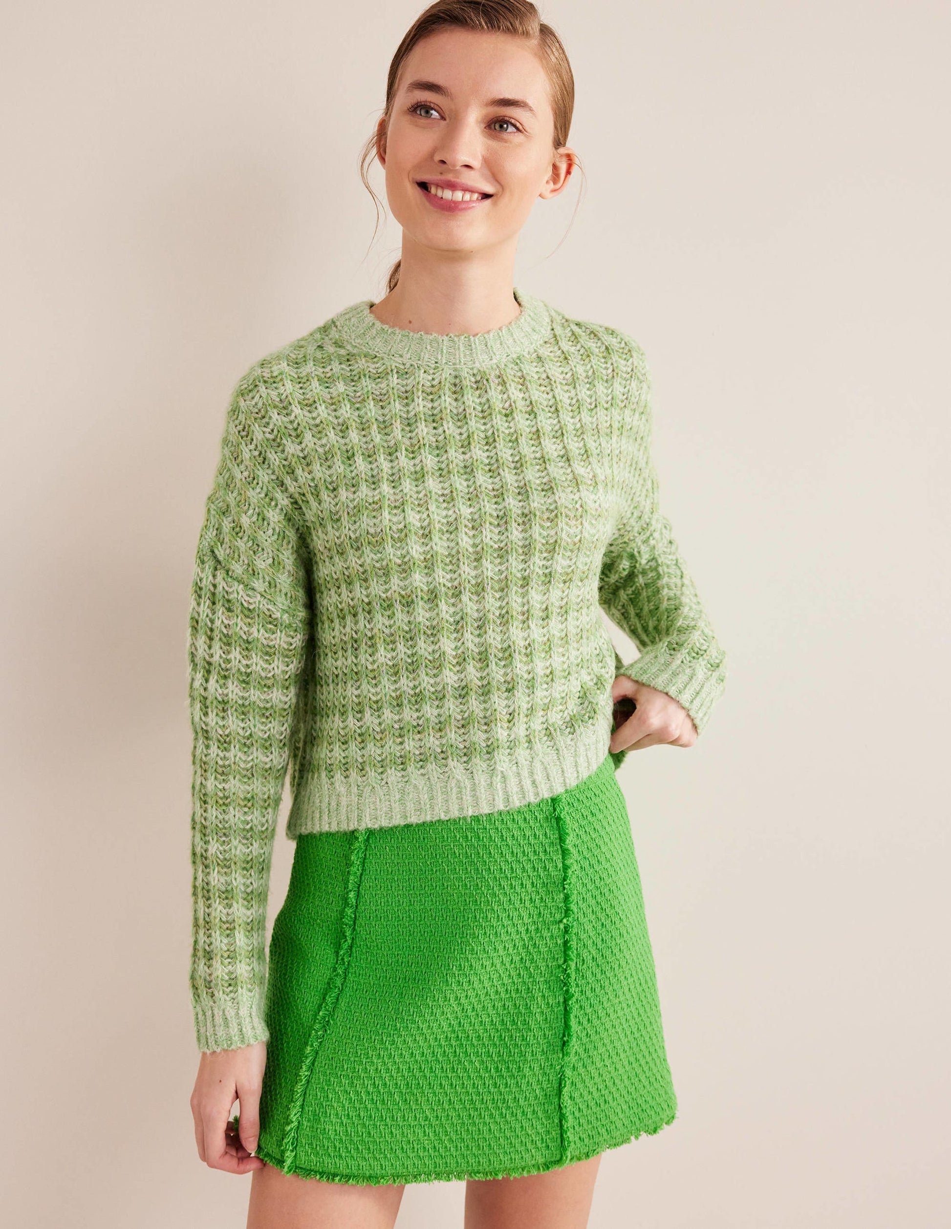 Wide Rib Fluffy Jumper-Green Marl-1