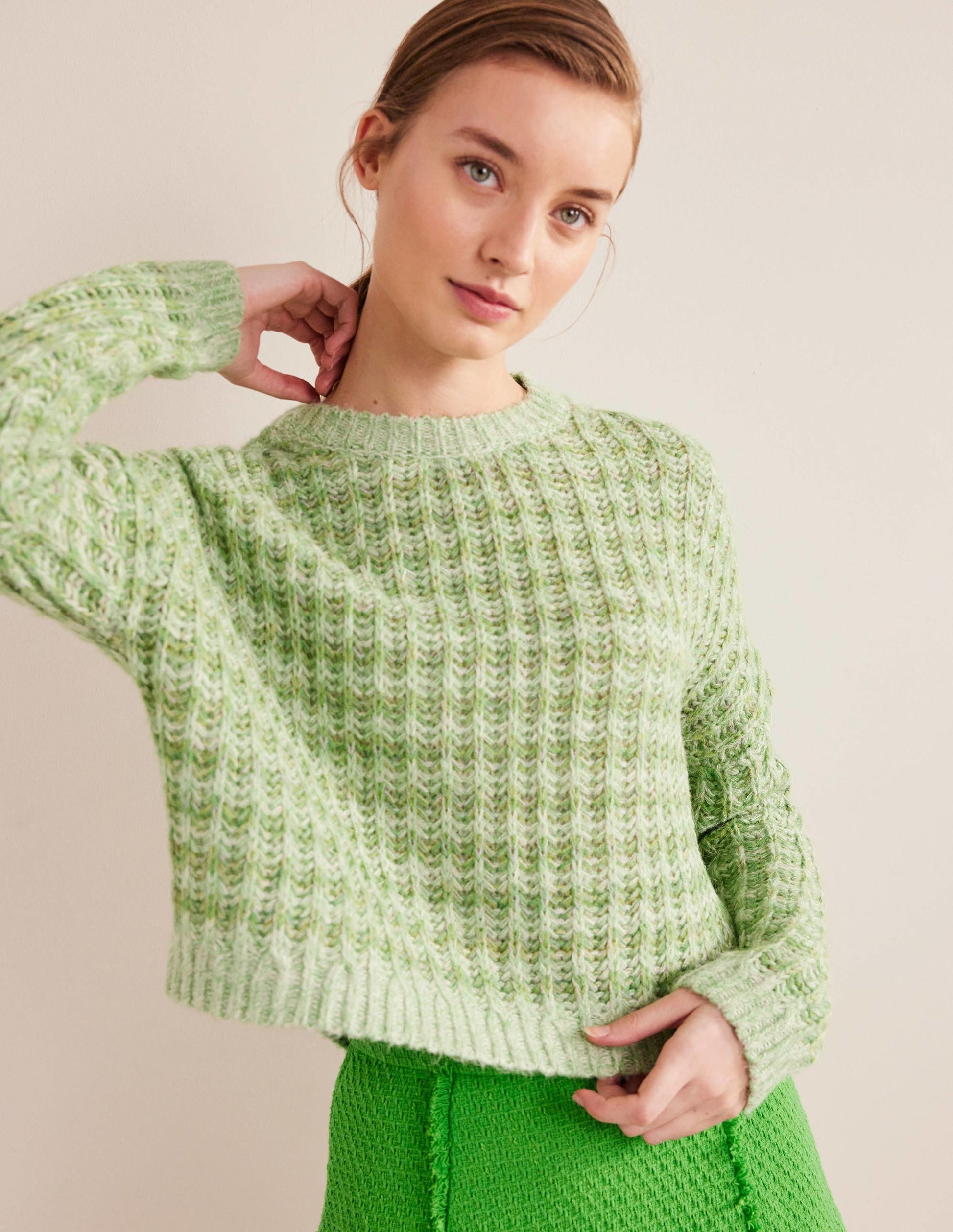 Wide Rib Fluffy Jumper-Green Marl-4