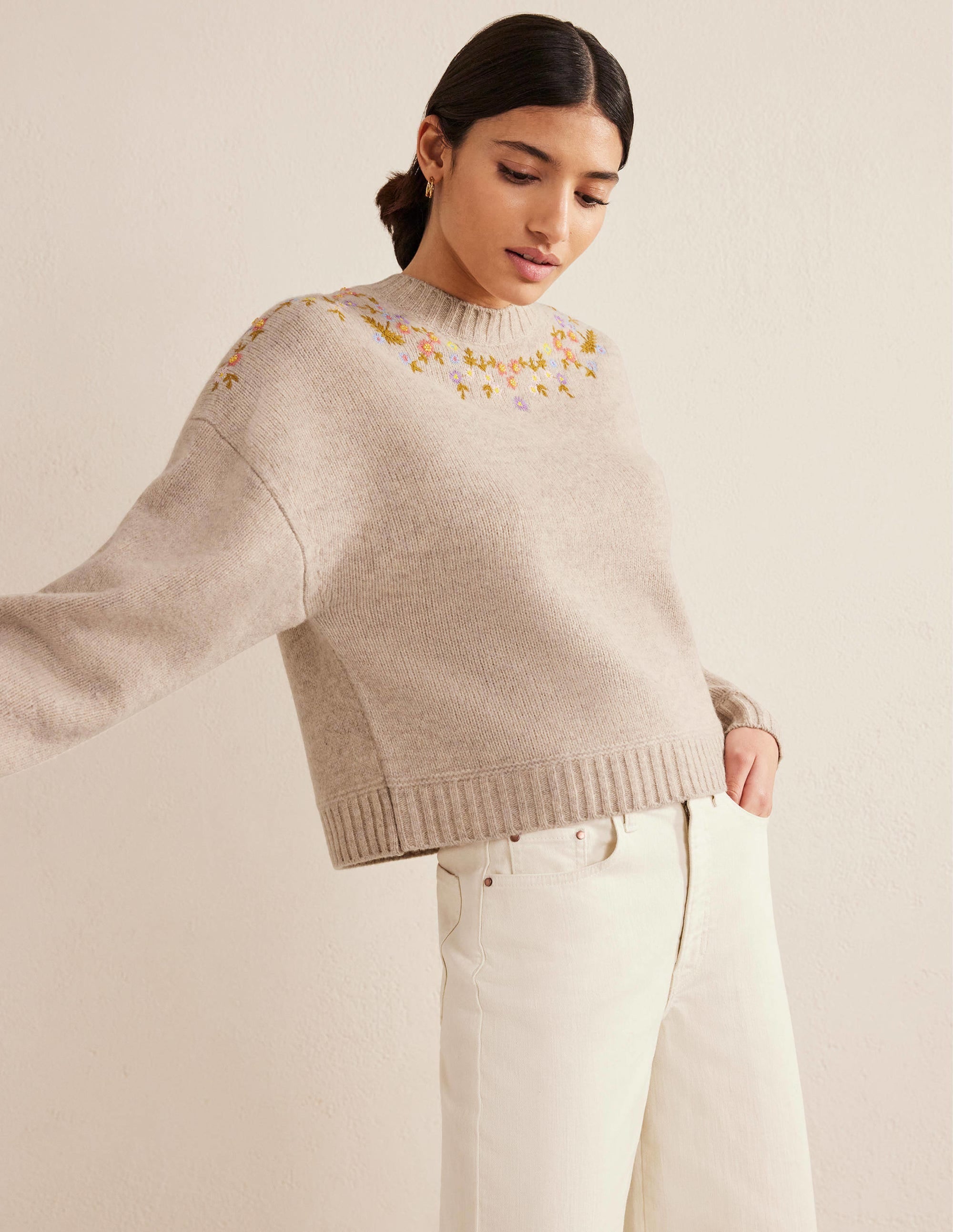 Embellished Wool Jumper-Oatmeal Melange - Image 1