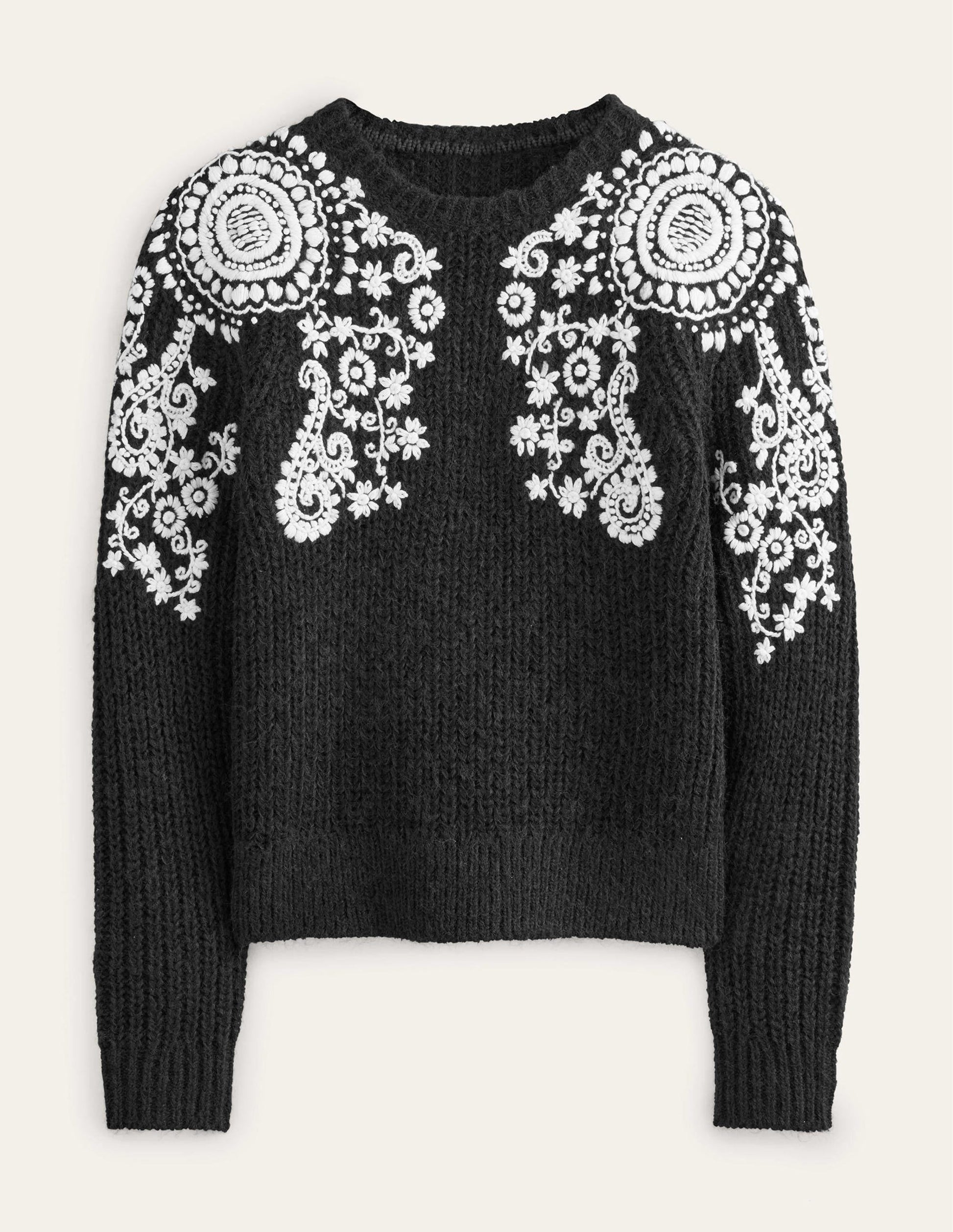 Fluffy Rib Embroidered Jumper-Black, Ivory Embroidery-6