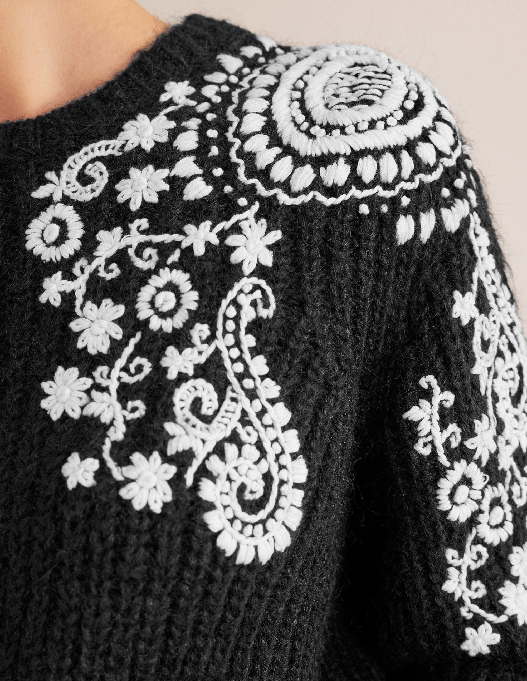 Fluffy Rib Embroidered Jumper-Black, Ivory Embroidery - Image 2