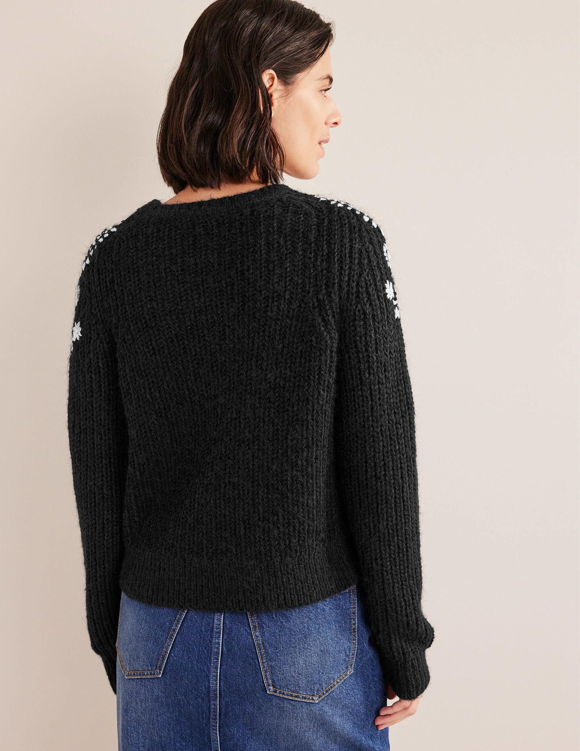 Fluffy Rib Embroidered Jumper-Black, Ivory Embroidery-3