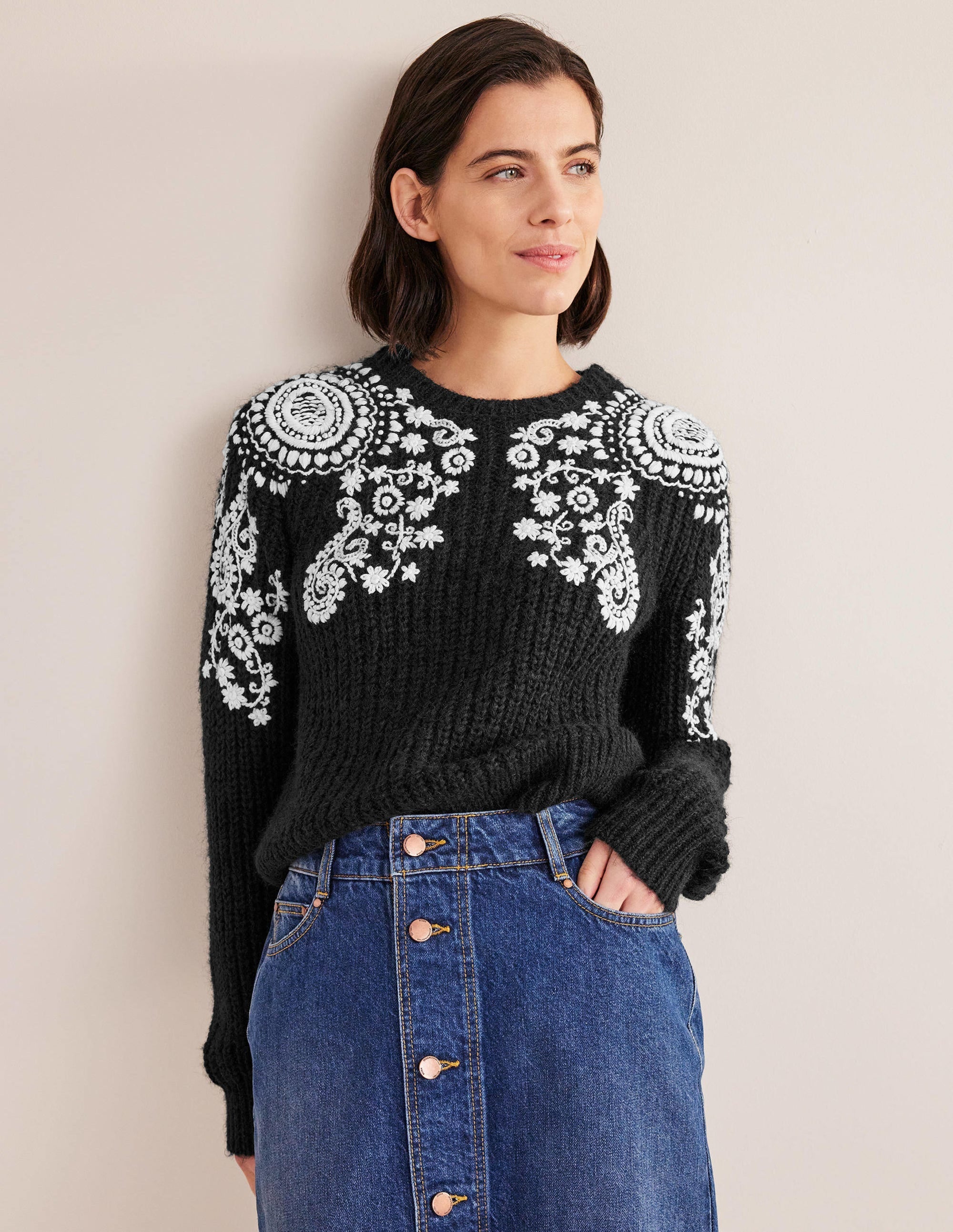 Fluffy Rib Embroidered Jumper-Black, Ivory Embroidery - Image 4