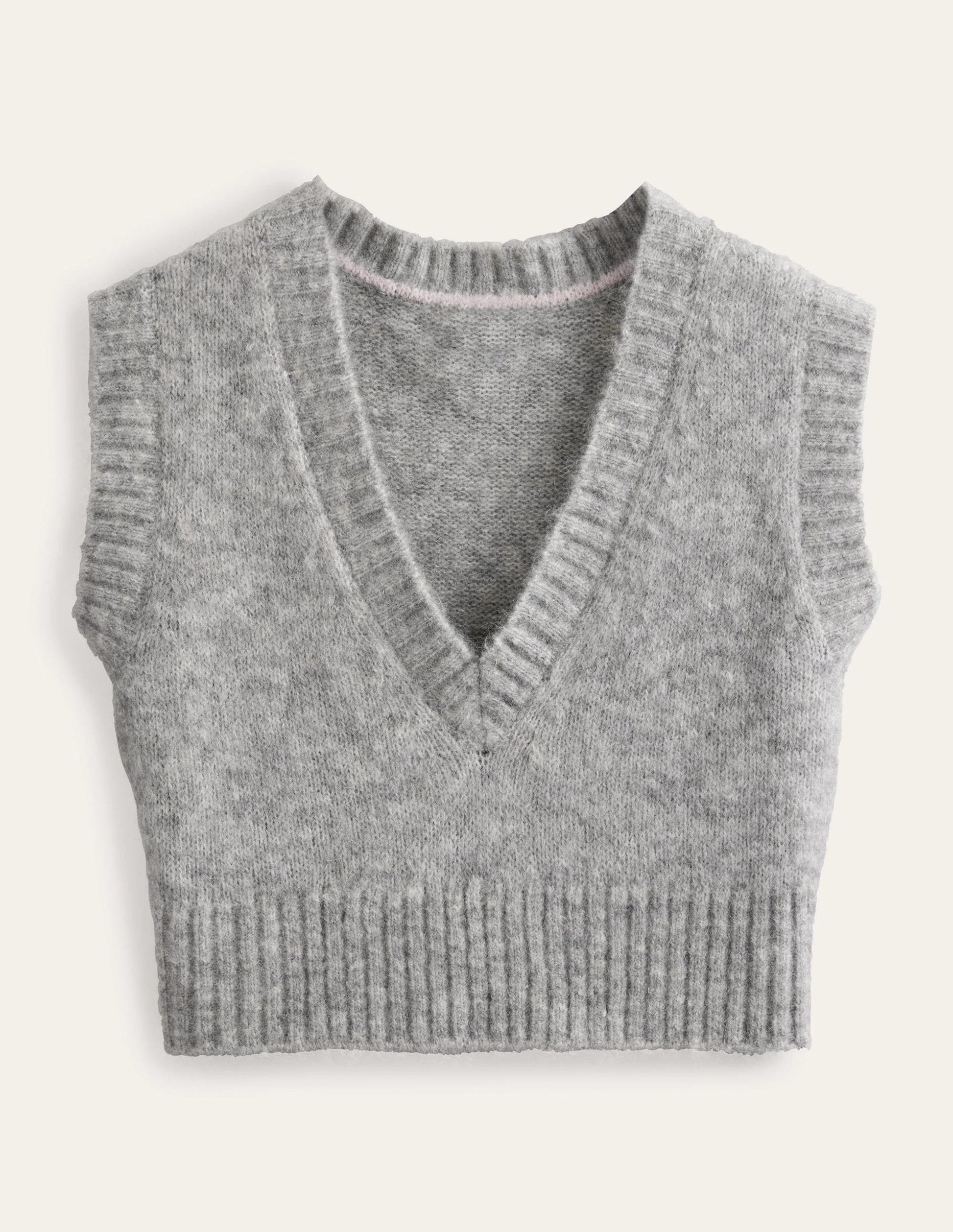 Fluffy Cropped V-Neck Tank Top-Grey Melange-6