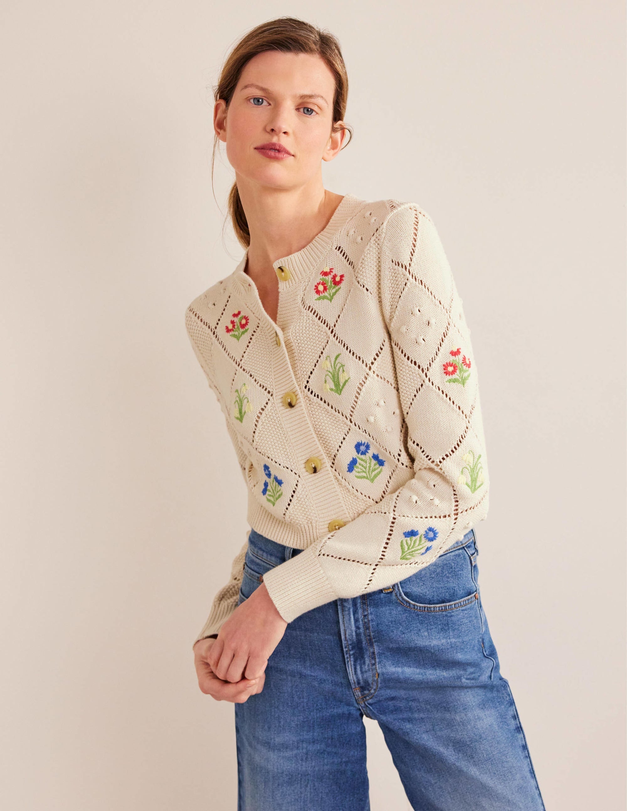 Cropped Embroidered Cardigan-Warm Ivory Embroidery - Image 1