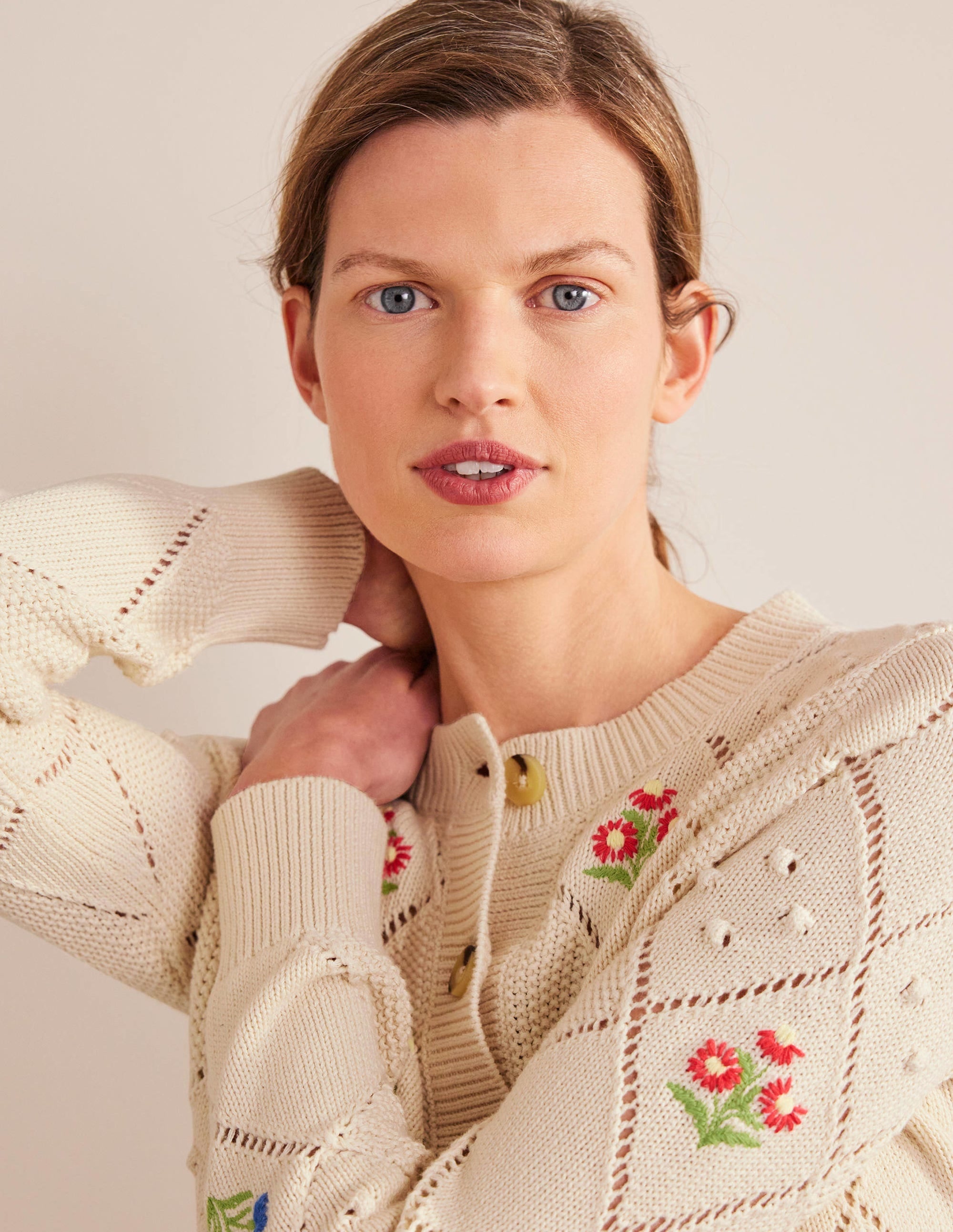 Cropped Embroidered Cardigan-Warm Ivory Embroidery - Image 2