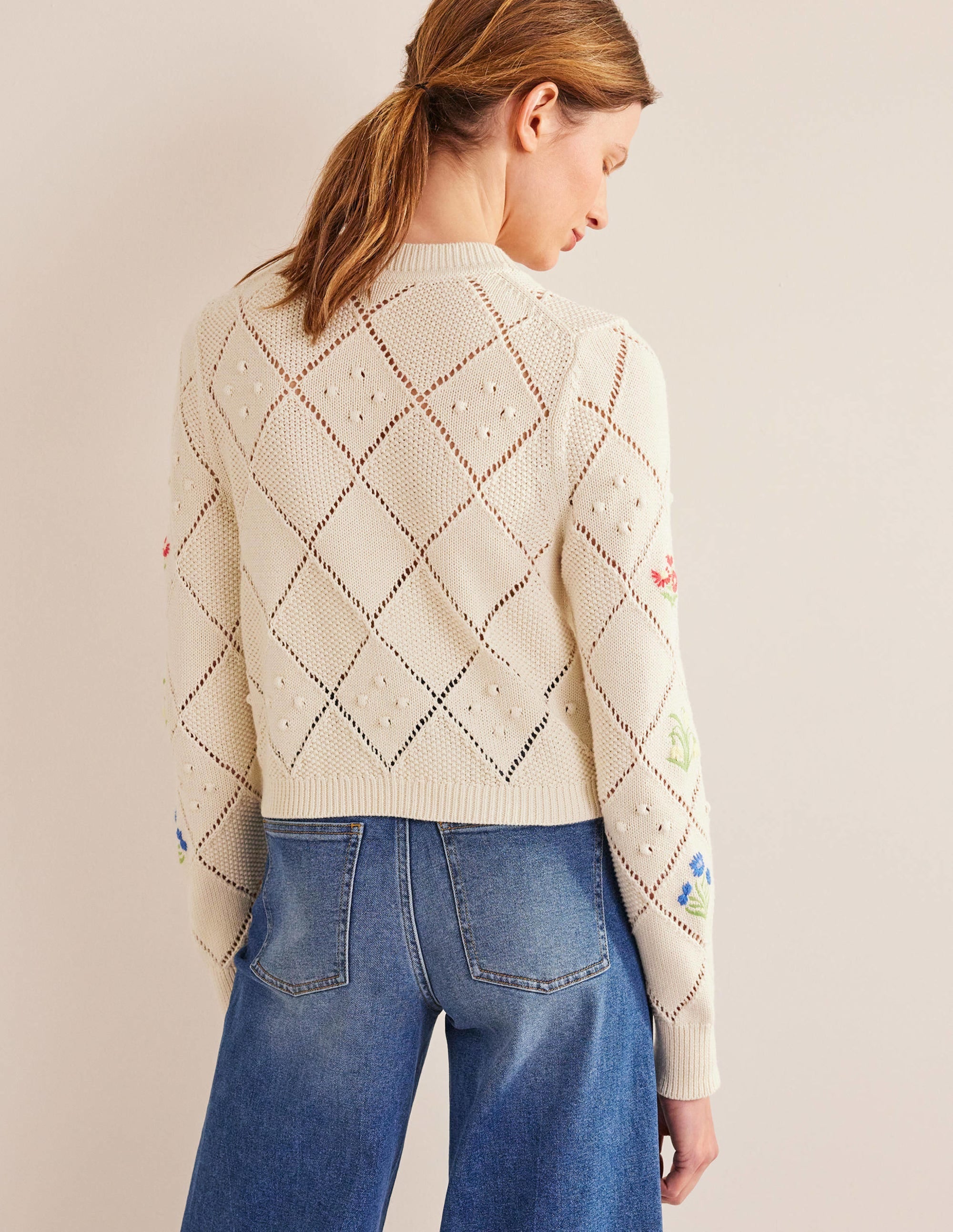 Cropped Embroidered Cardigan-Warm Ivory Embroidery - Image 3