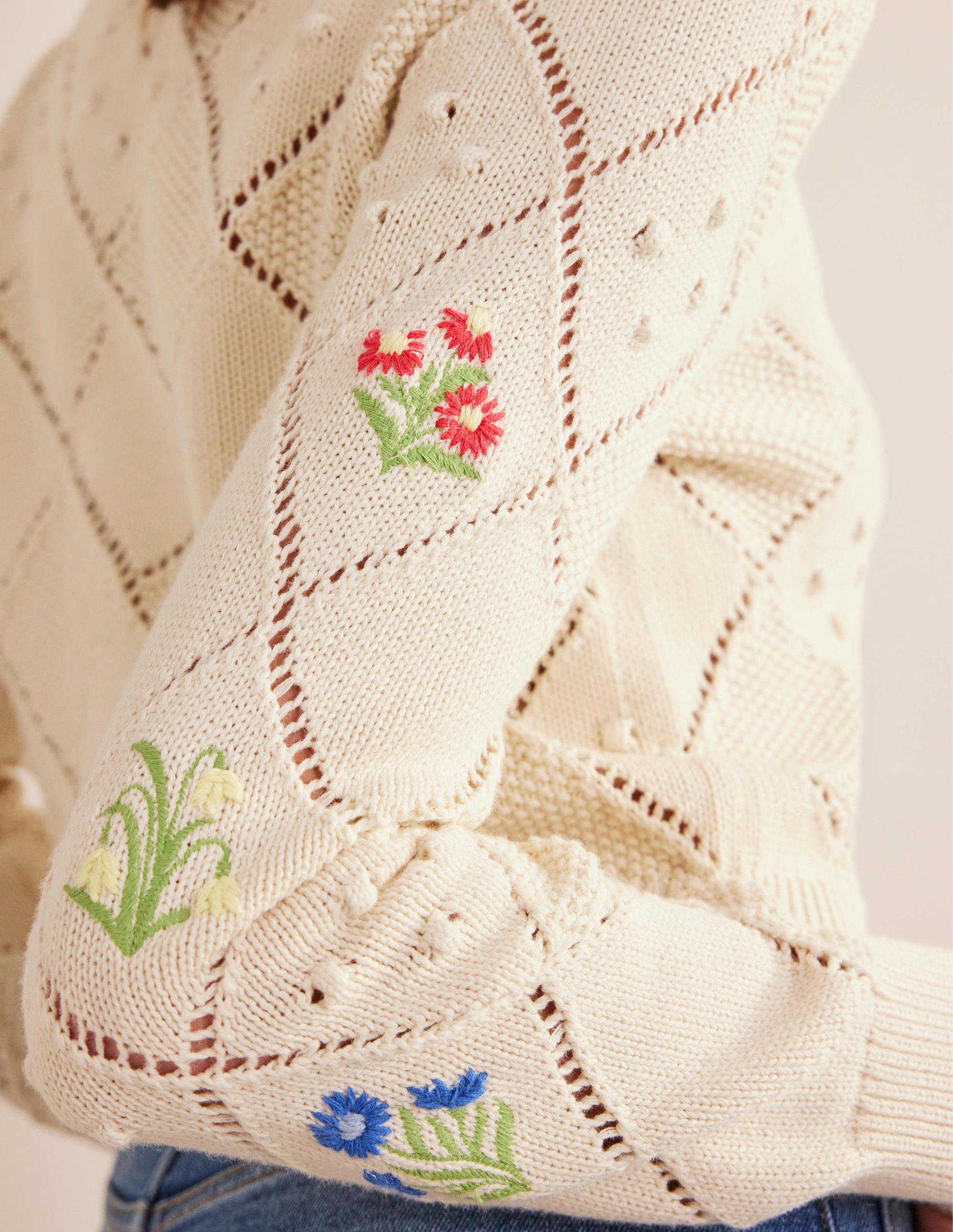 Cropped Embroidered Cardigan-Warm Ivory Embroidery - Image 4