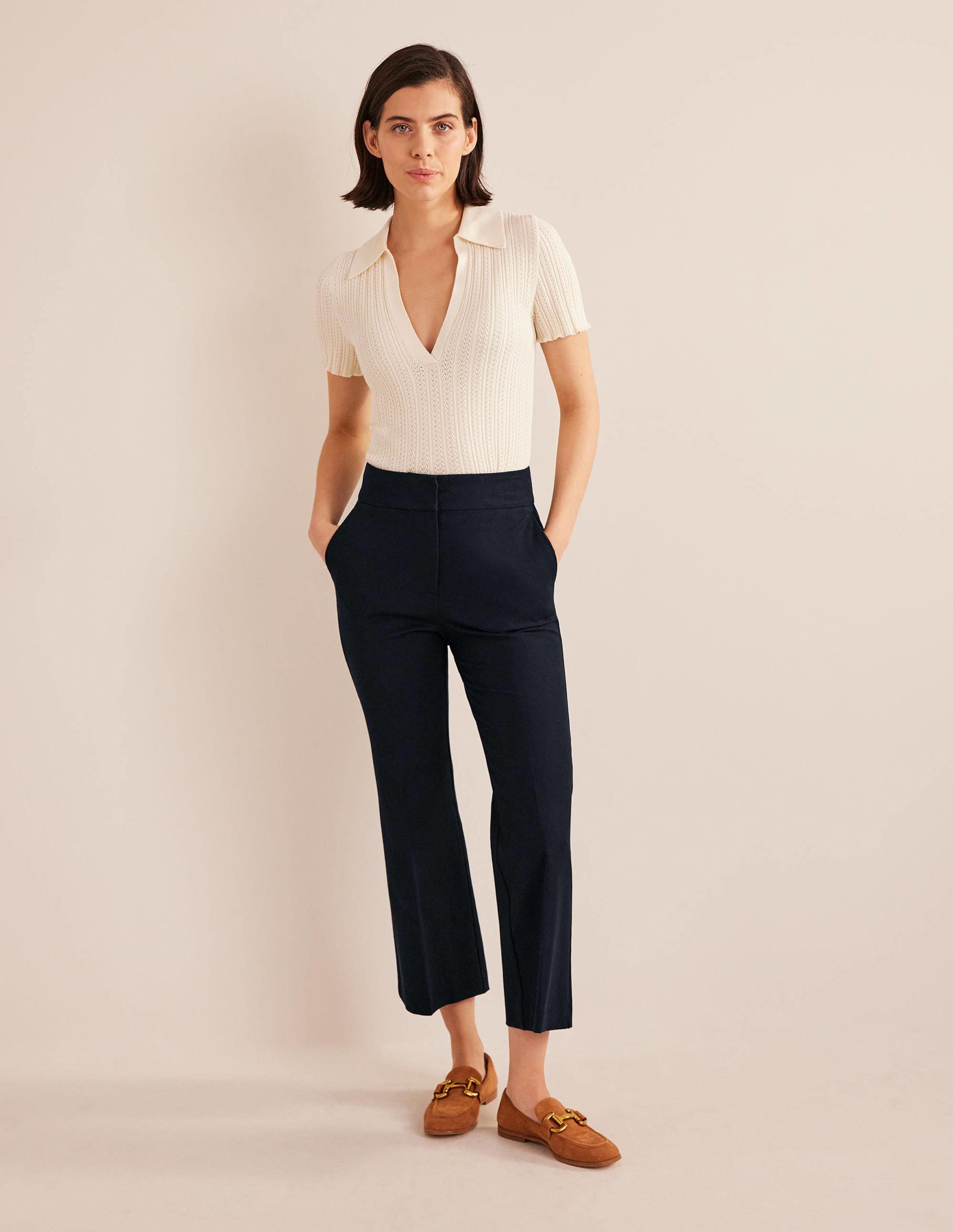 Bi-Stretch Crop Flare Trousers-Navy - Image 1