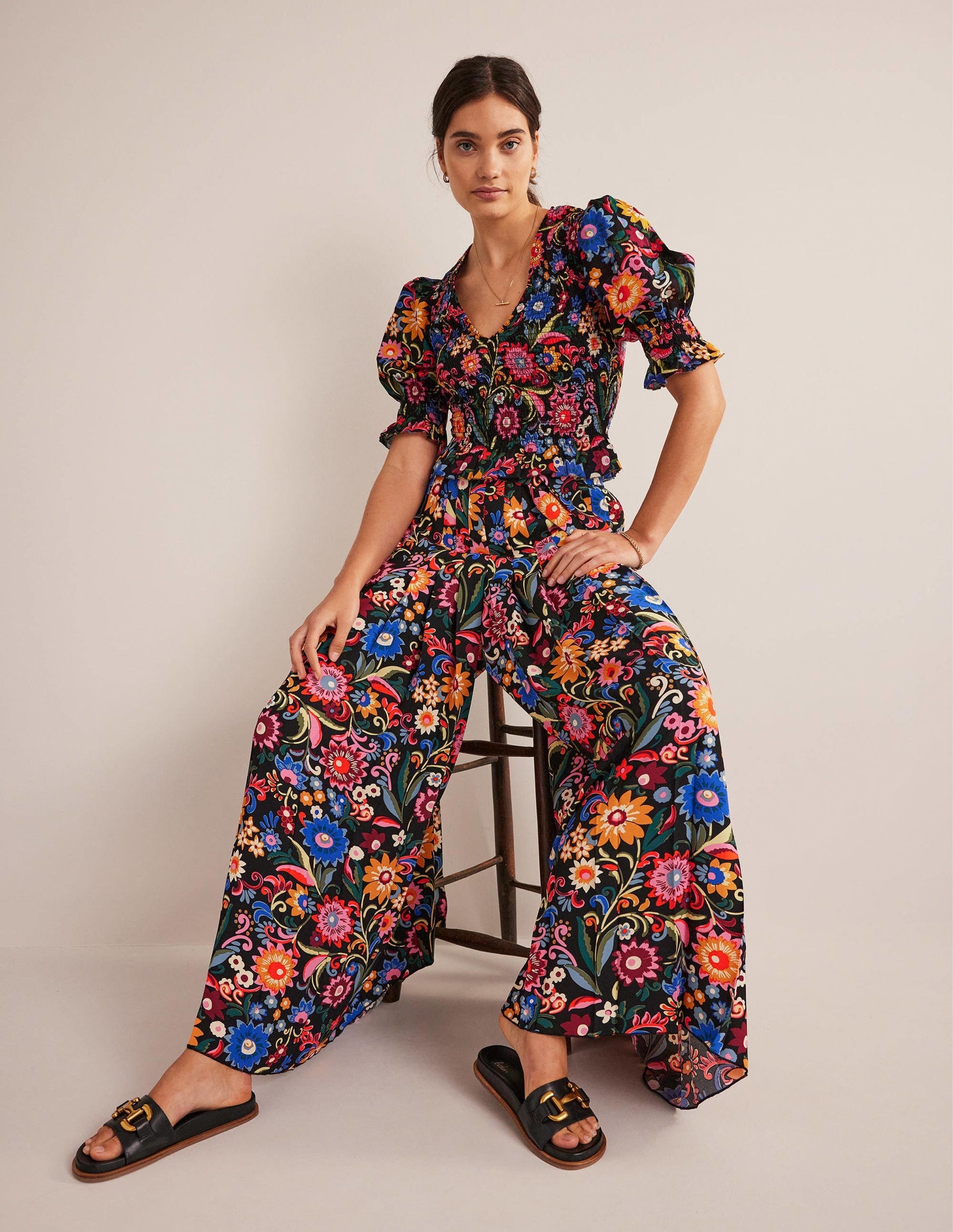Pleated Palazzo Trousers-Black, Gardenia Pop-1
