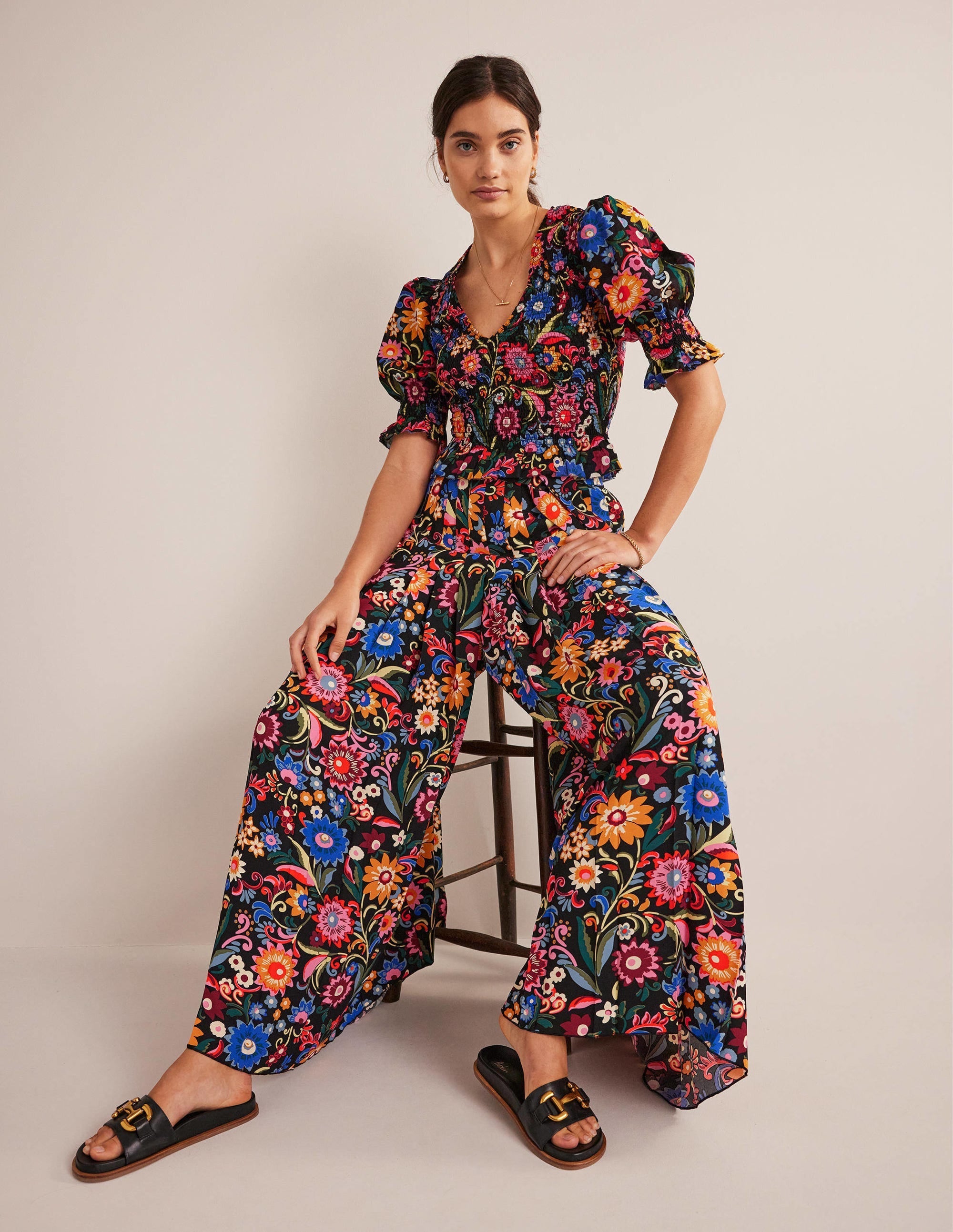 Pleated Palazzo Trousers-Black, Gardenia Pop - Image 1