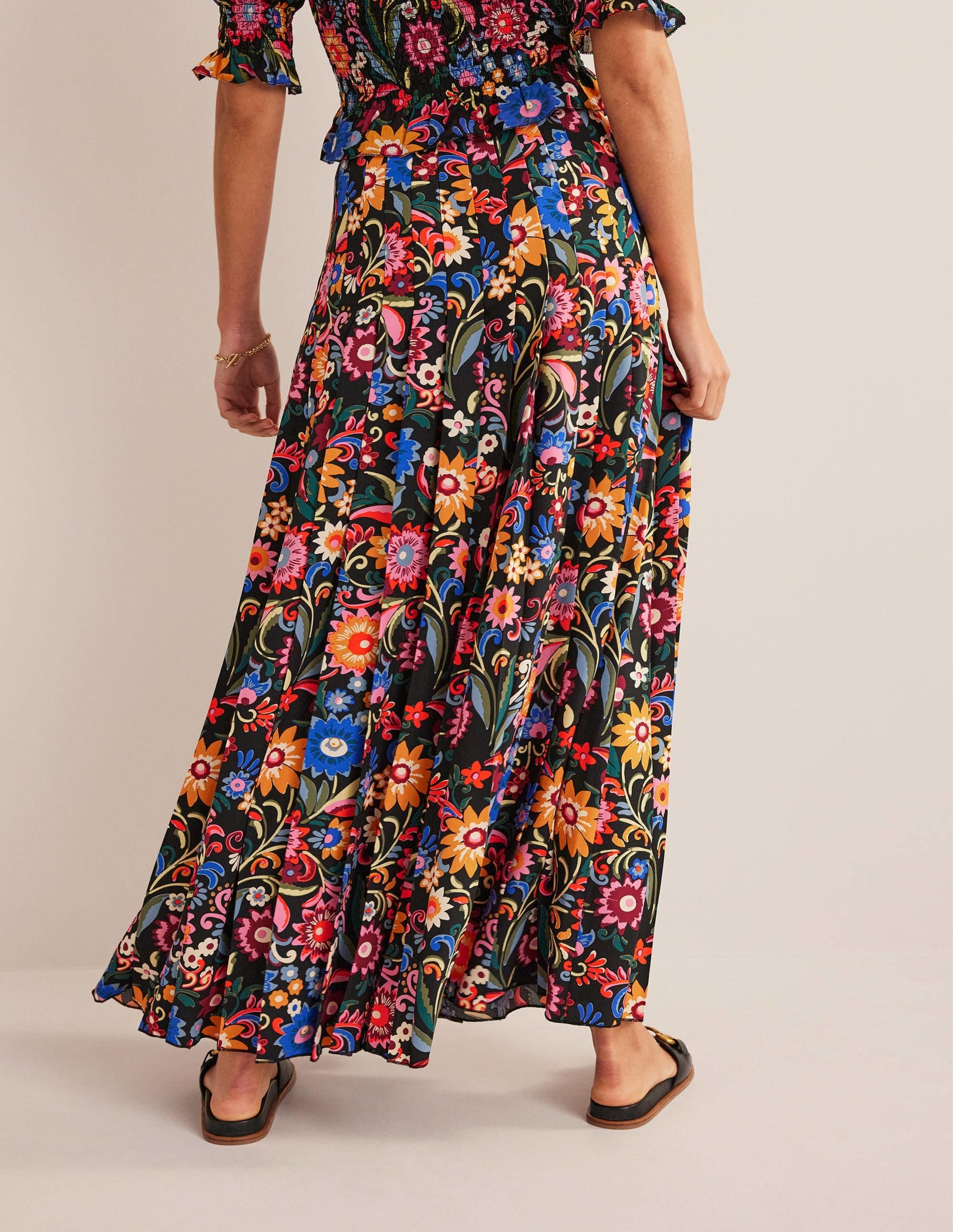 Pleated Palazzo Trousers-Black, Gardenia Pop-4