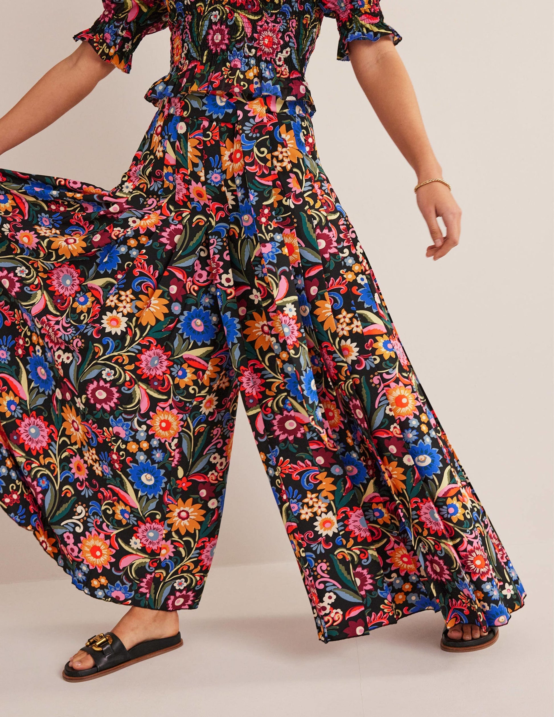 Pleated Palazzo Trousers-Black, Gardenia Pop-5