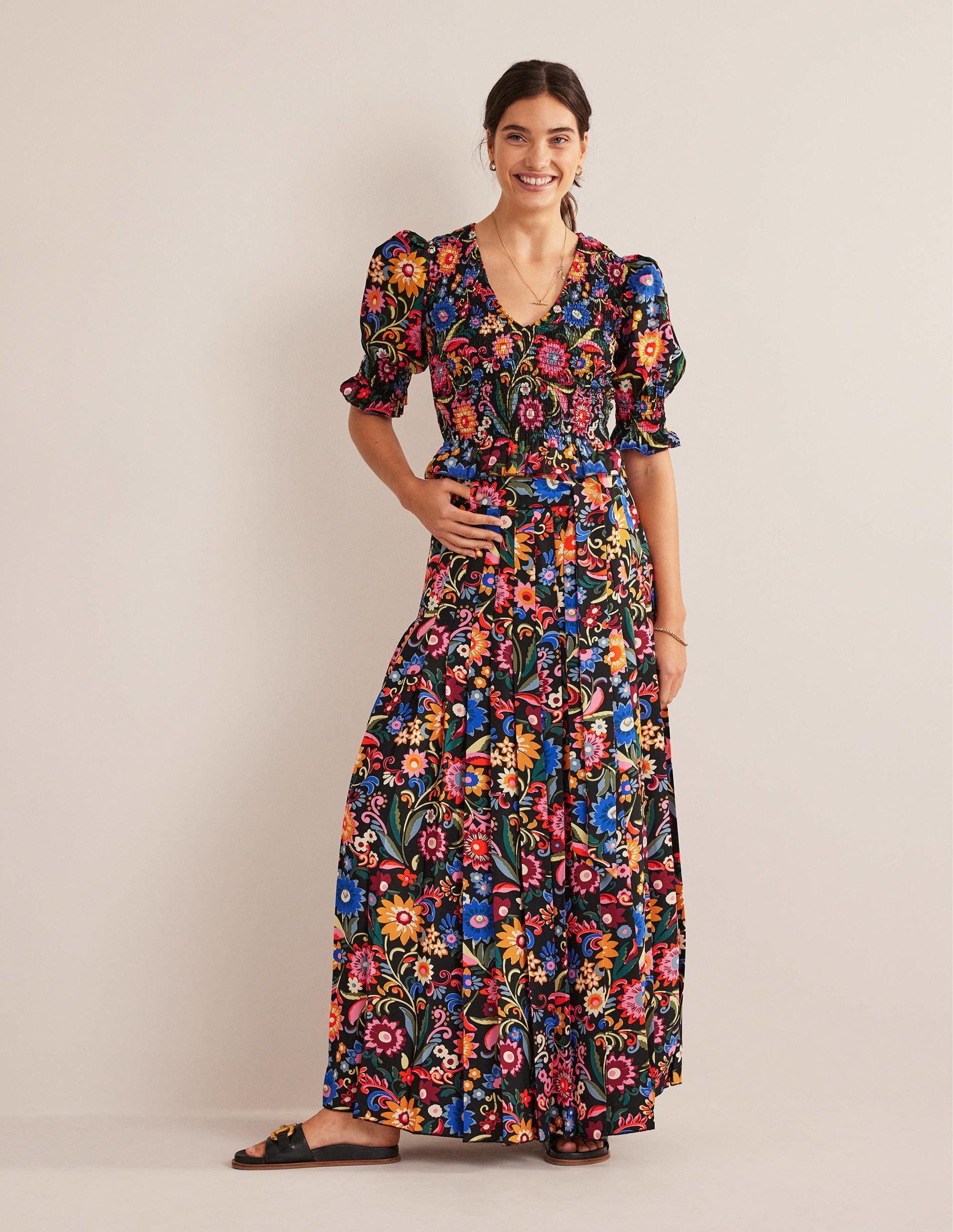 Pleated Palazzo Trousers-Black, Gardenia Pop - Image 6