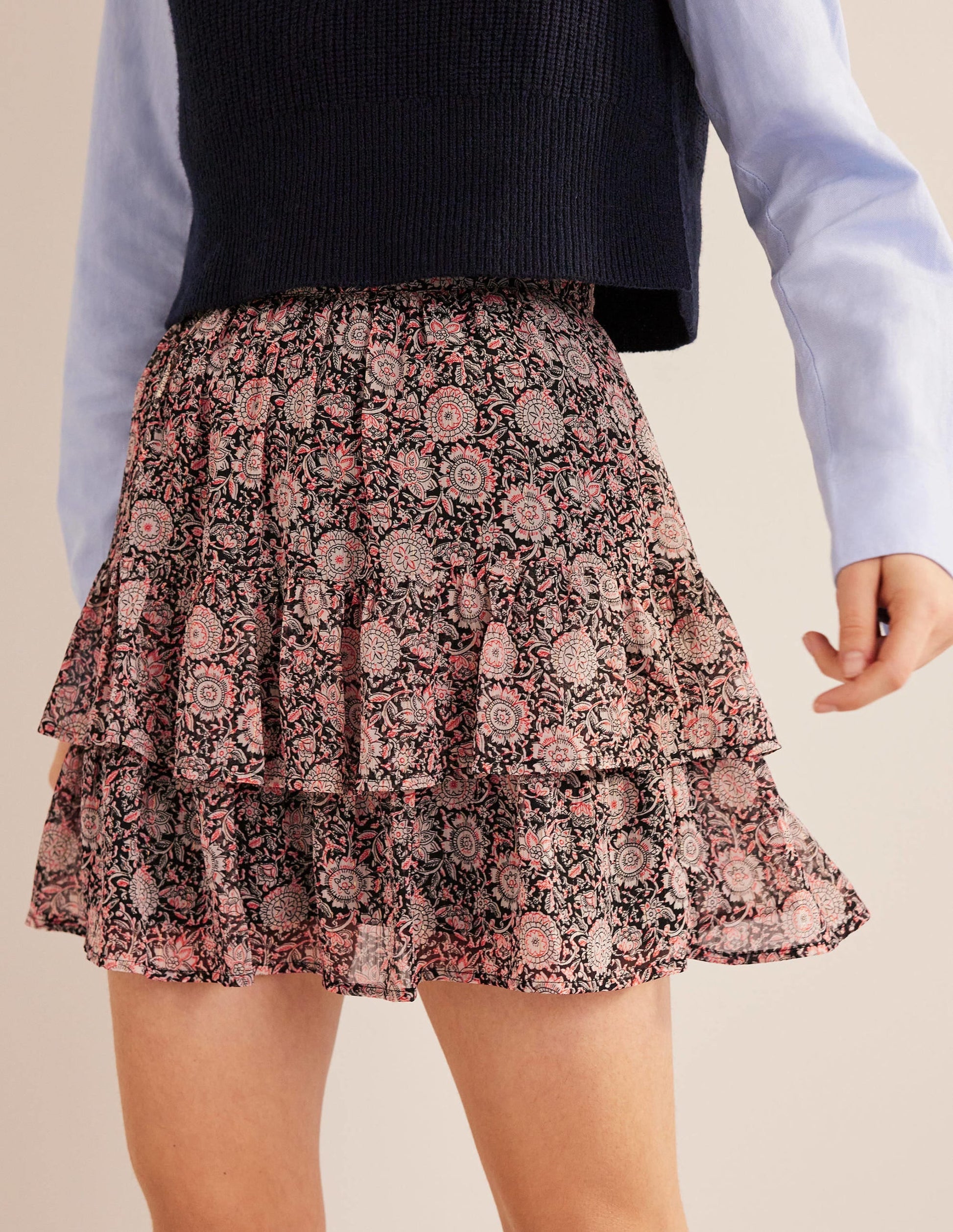 Ruffle Mini Skirt-Popcorn, Floral Tapestry-3