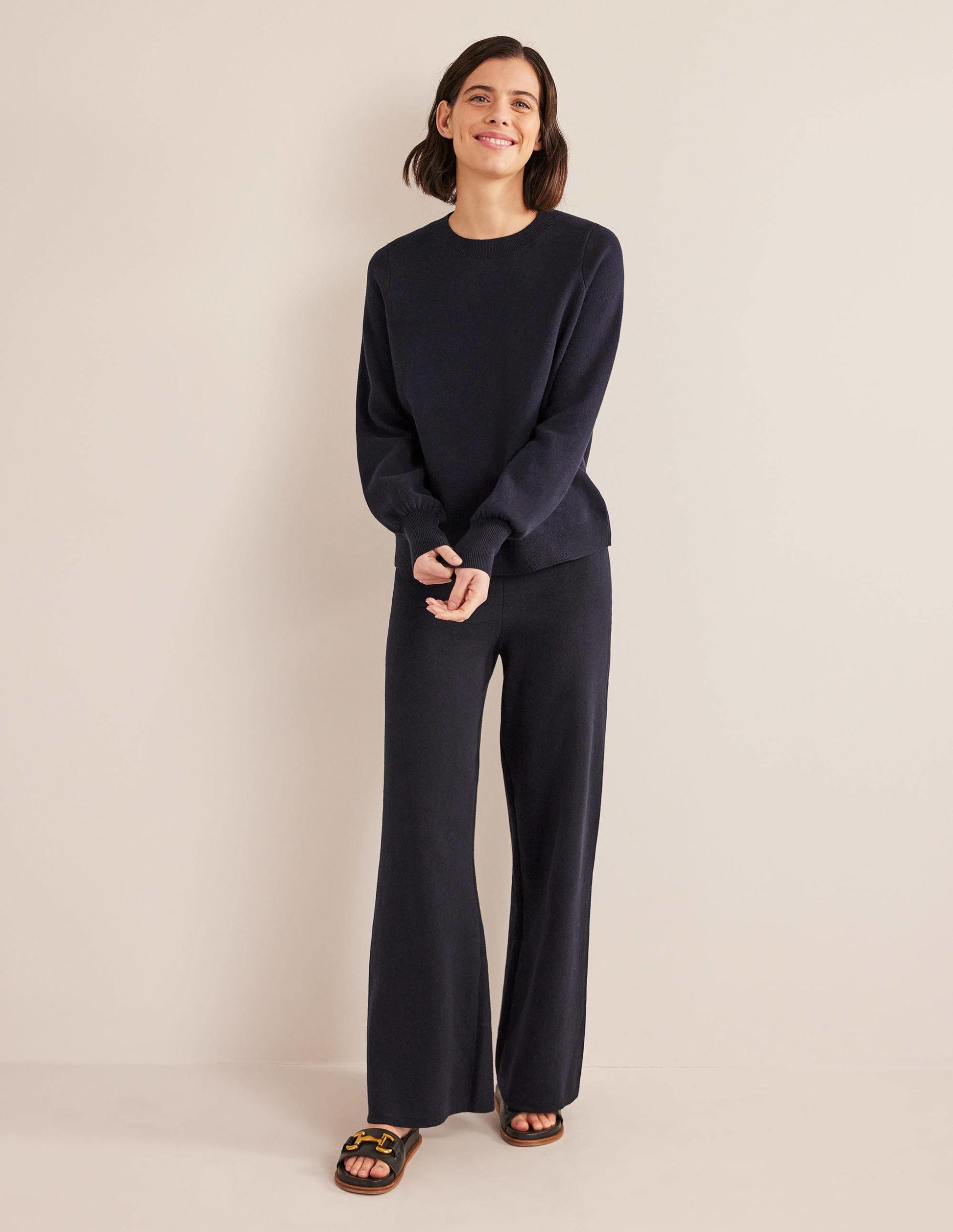Knitted Wide Leg Trousers-Navy-1