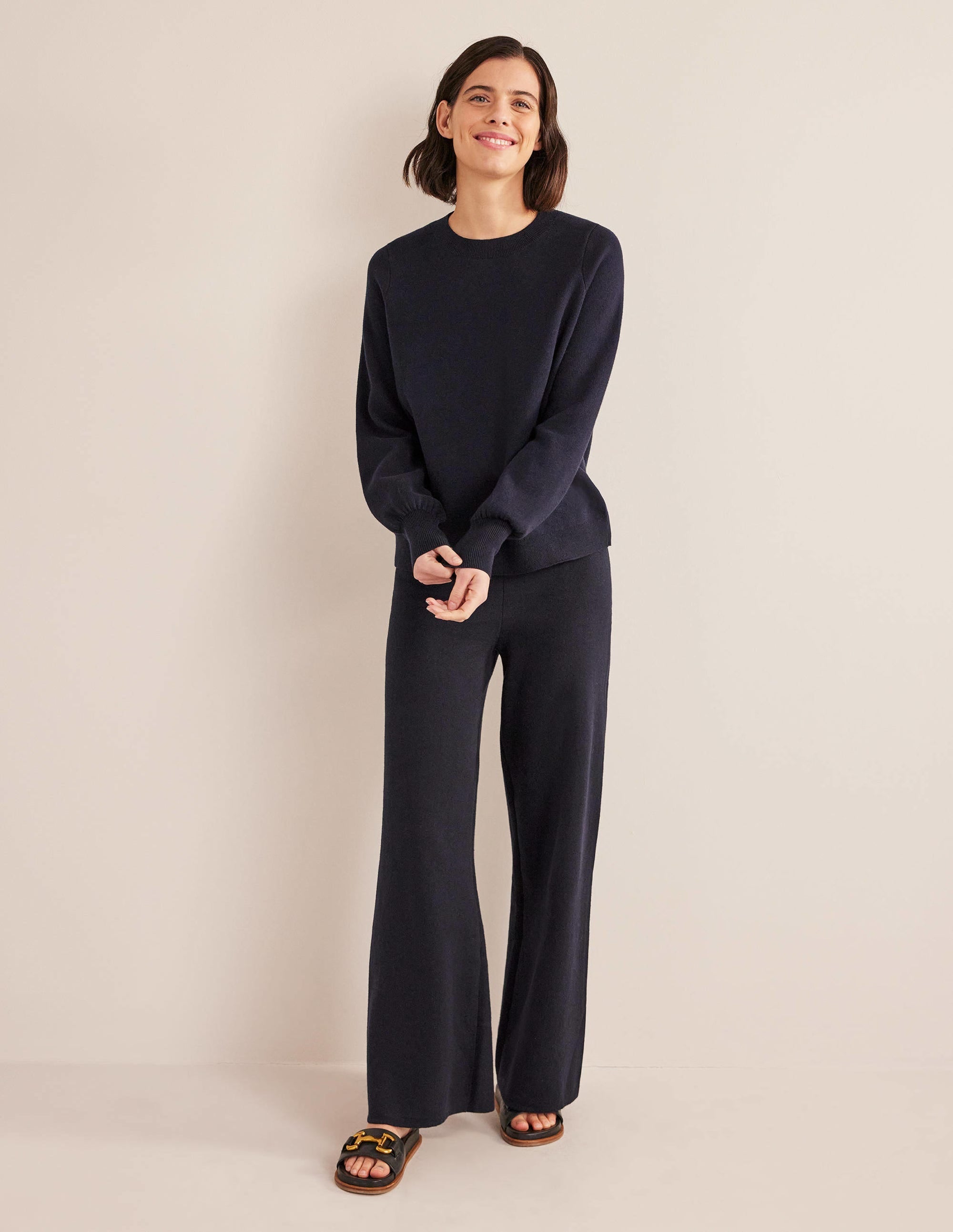 Knitted Wide Leg Trousers-Navy - Image 1