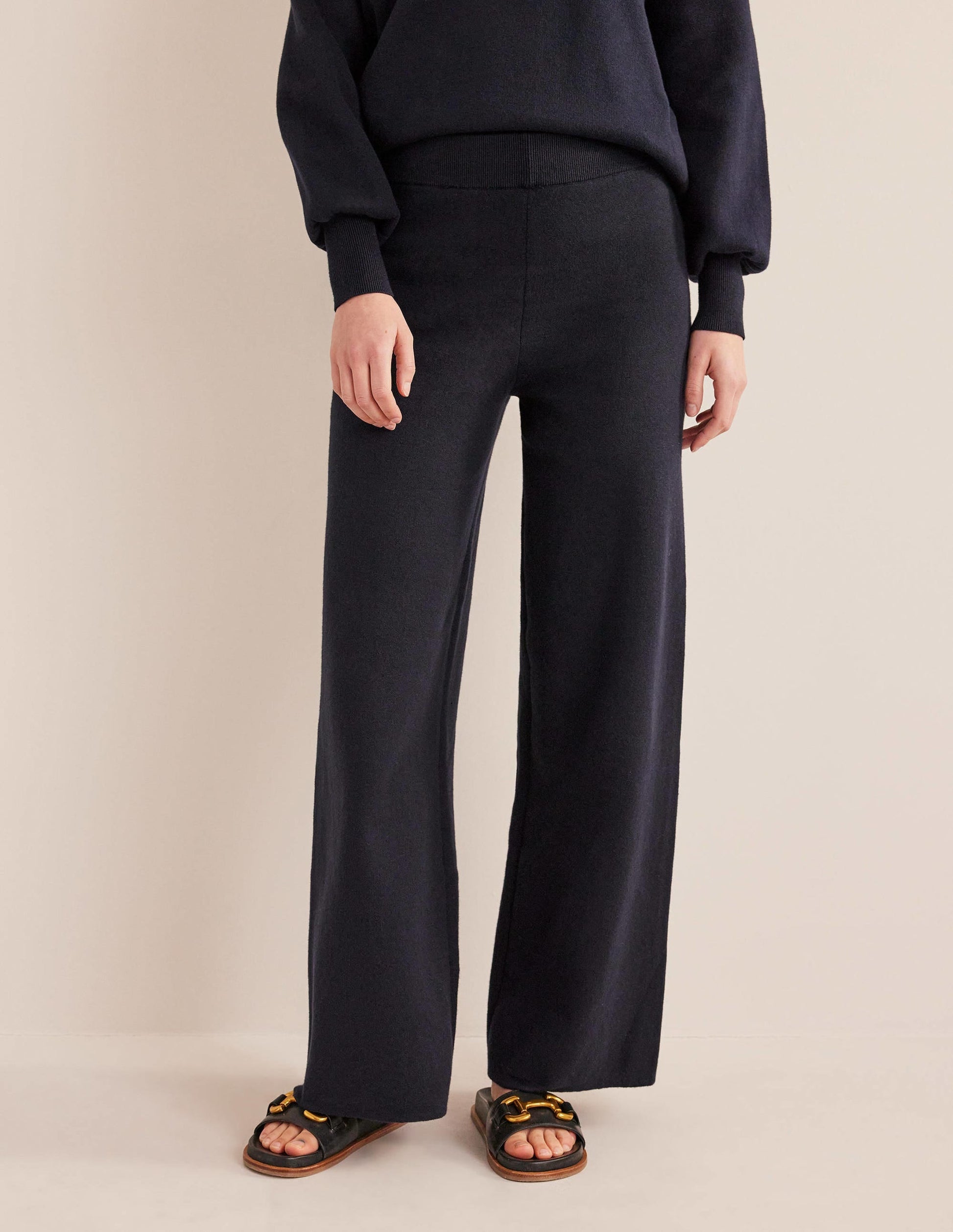 Knitted Wide Leg Trousers-Navy-4