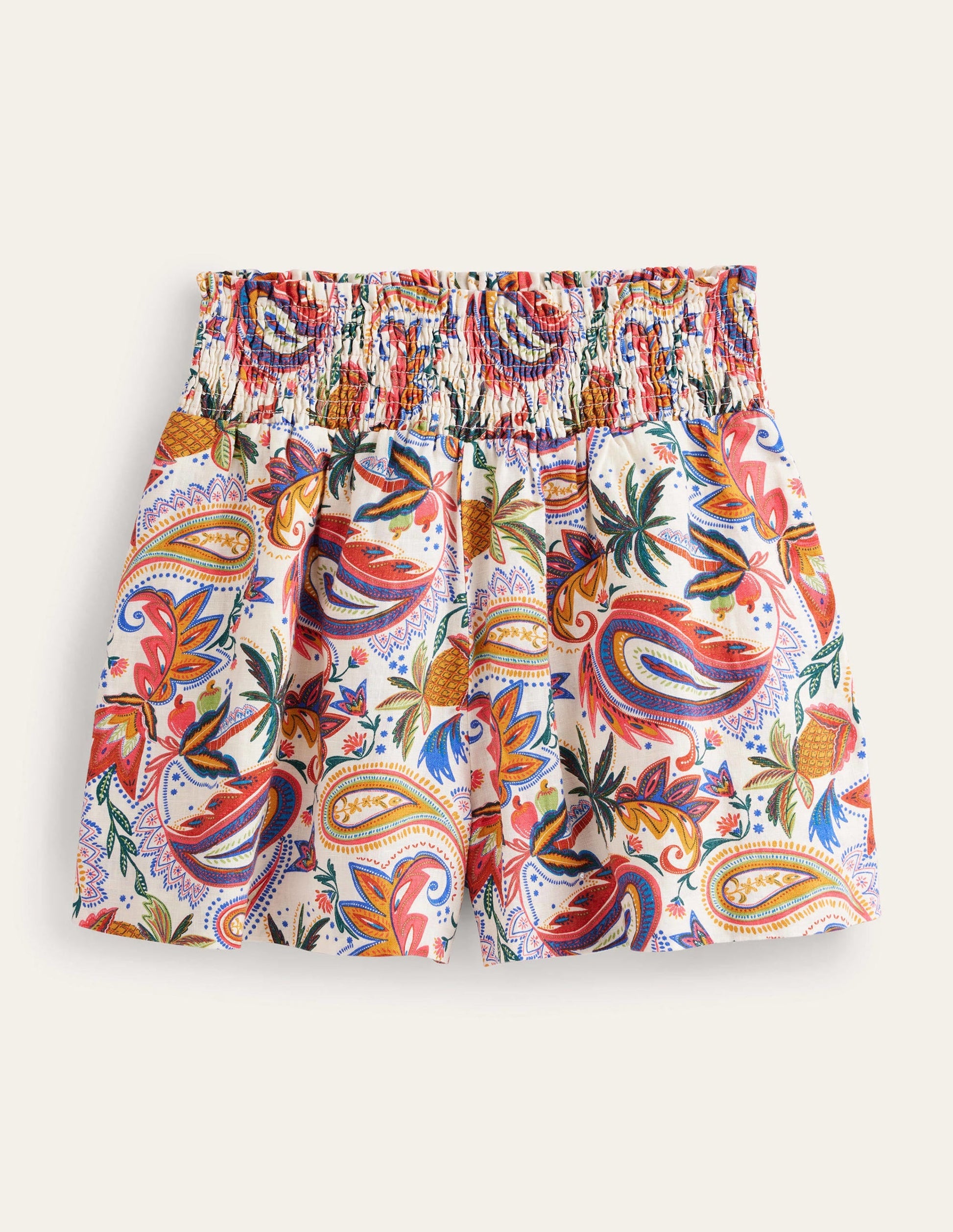 Linen Shirred Waist Shorts-Ivory Conversational Print-6