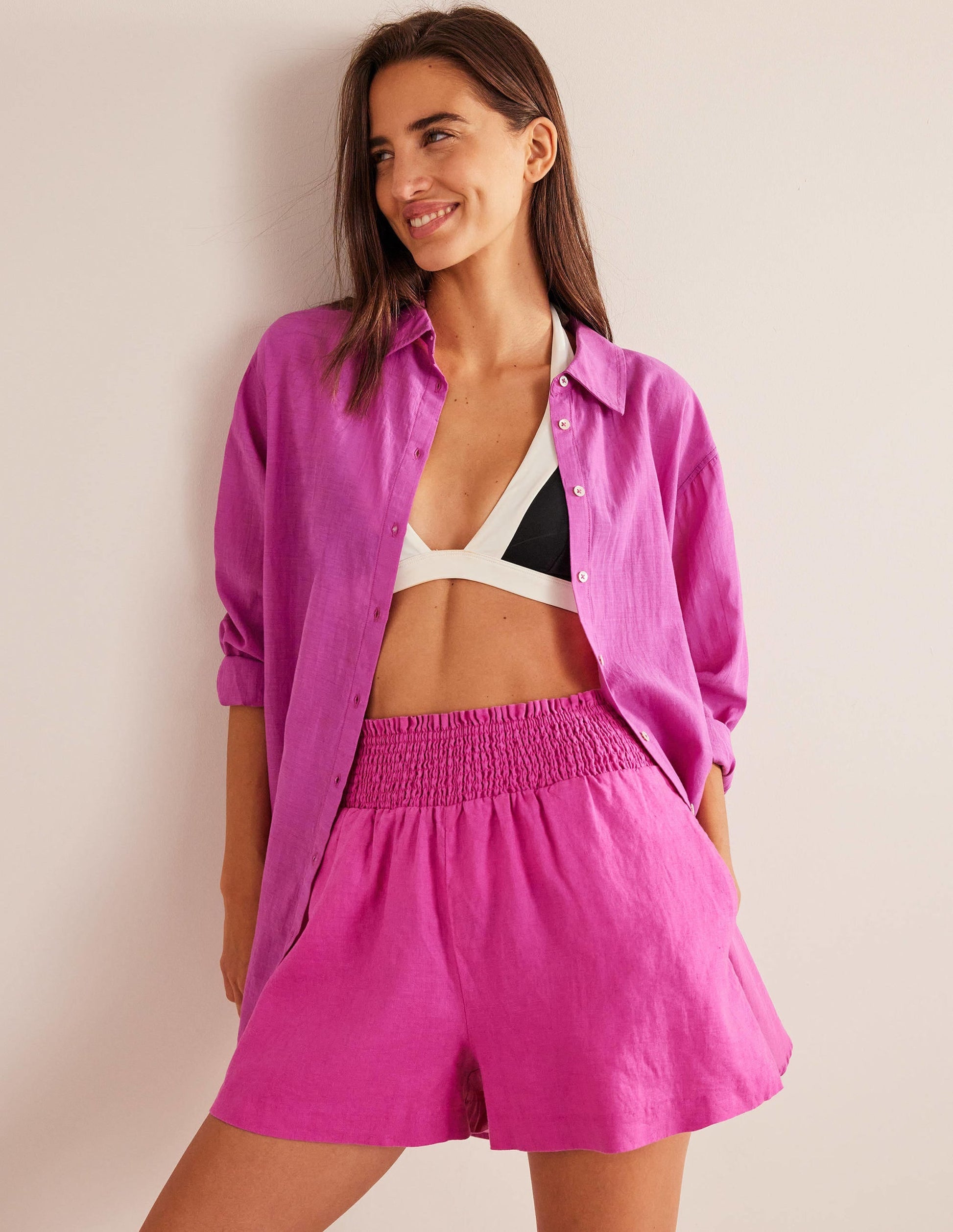 Linen Shirred Waist Shorts-Rose Violet-1