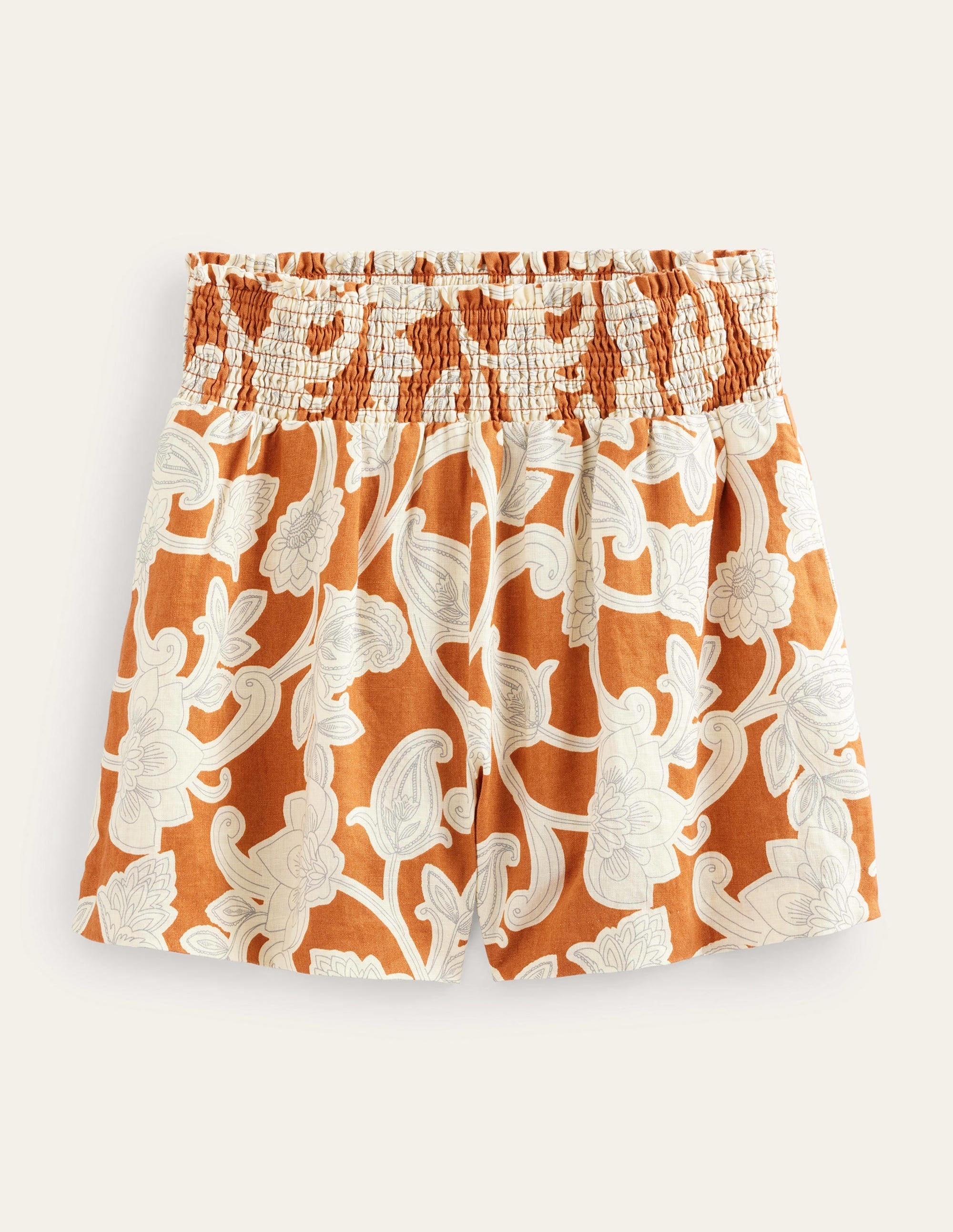 Linen Shirred Waist Shorts-Rust Paisley Whirl - Image 3