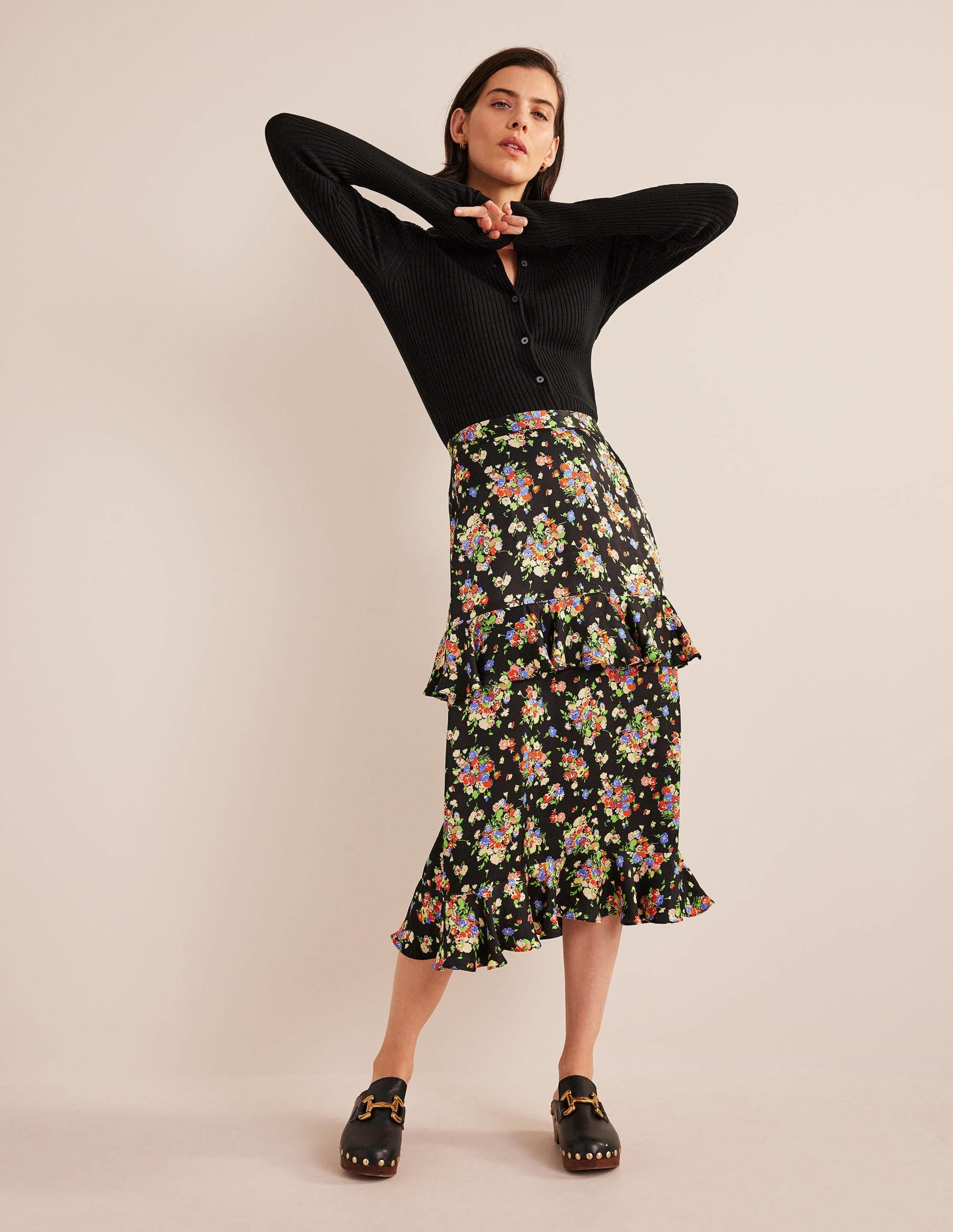 Satin Ruffle Midi Skirt-Black, Wild Cluster - Image 1